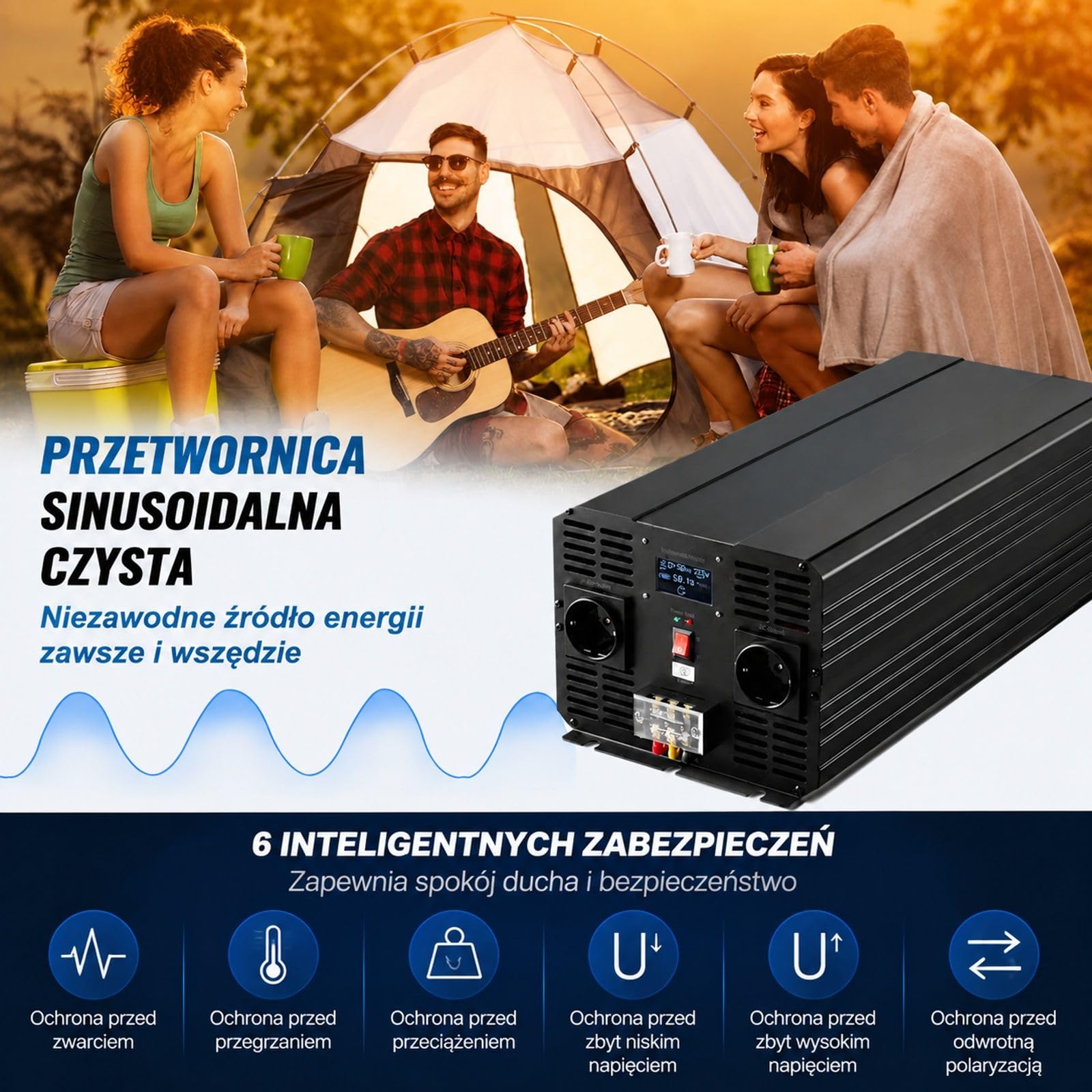 Przetwornica czystej fali sinusoidalnej 5000 W, wejście 12 V DC, wyjście 230 V AC, 2 gniazda europejskie, wyświetlacz LCD, obudowa ze stopu aluminium do samochodu, kampera i ciężarówki