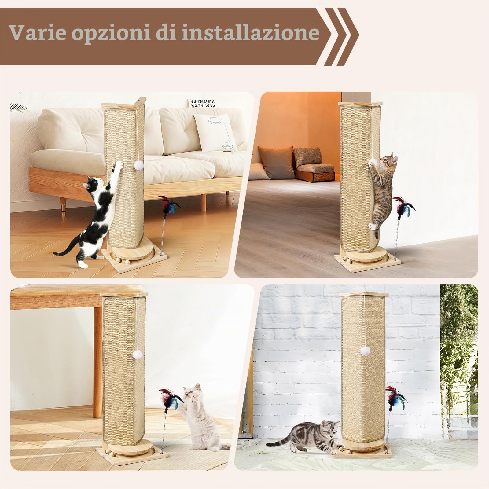 Tiragraffi angolare per gatti, alto 88 cm, con palla interattiva, tappetino sostituibile in sisal per gatti interni, protezione per mobili per divano e parete