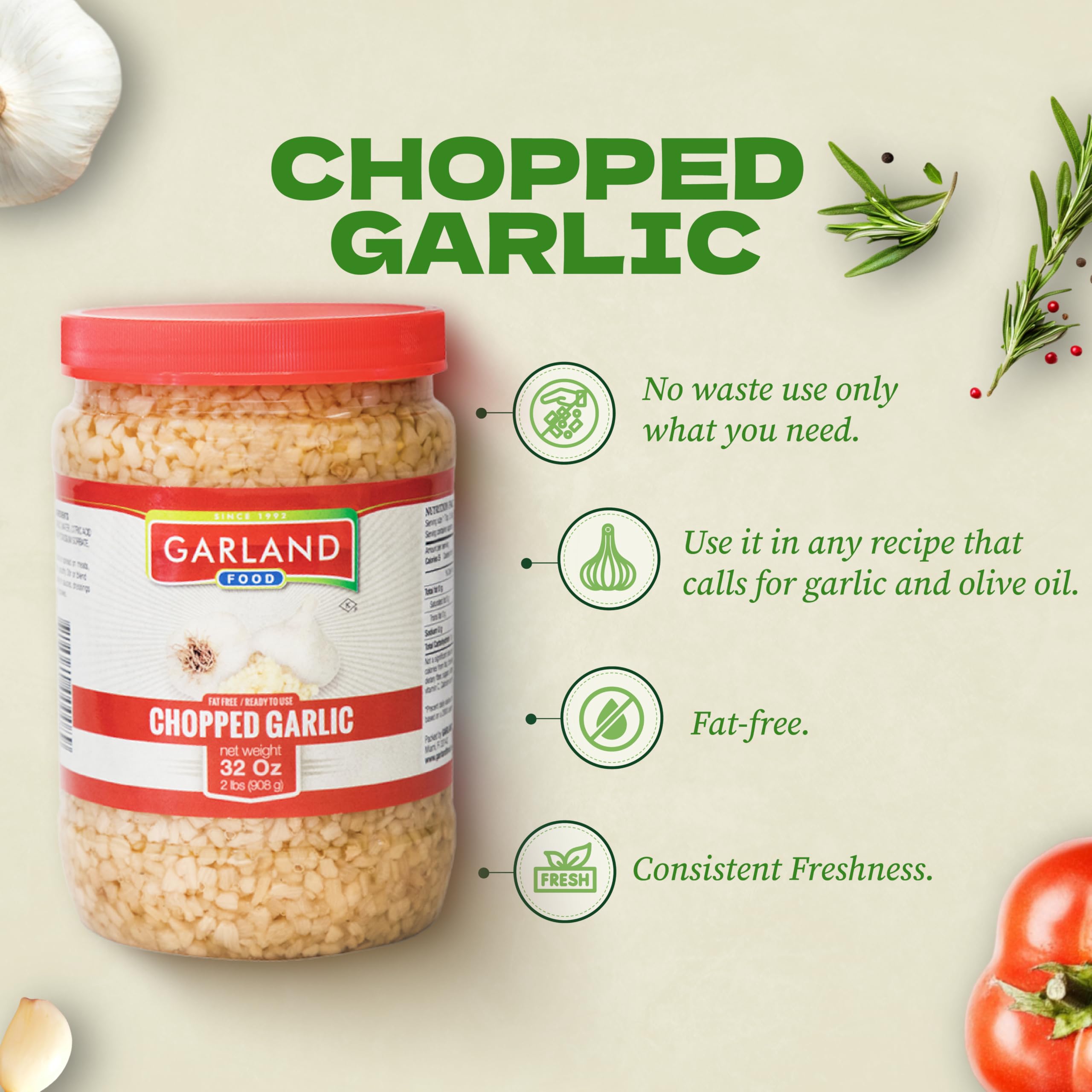 Garland Food Chopped Garlic in Jar - Convenient Garlic Chopped in Water for Cooking, Time-Saving Prep & Seasoned Dishes - Made in the USA (32 oz)