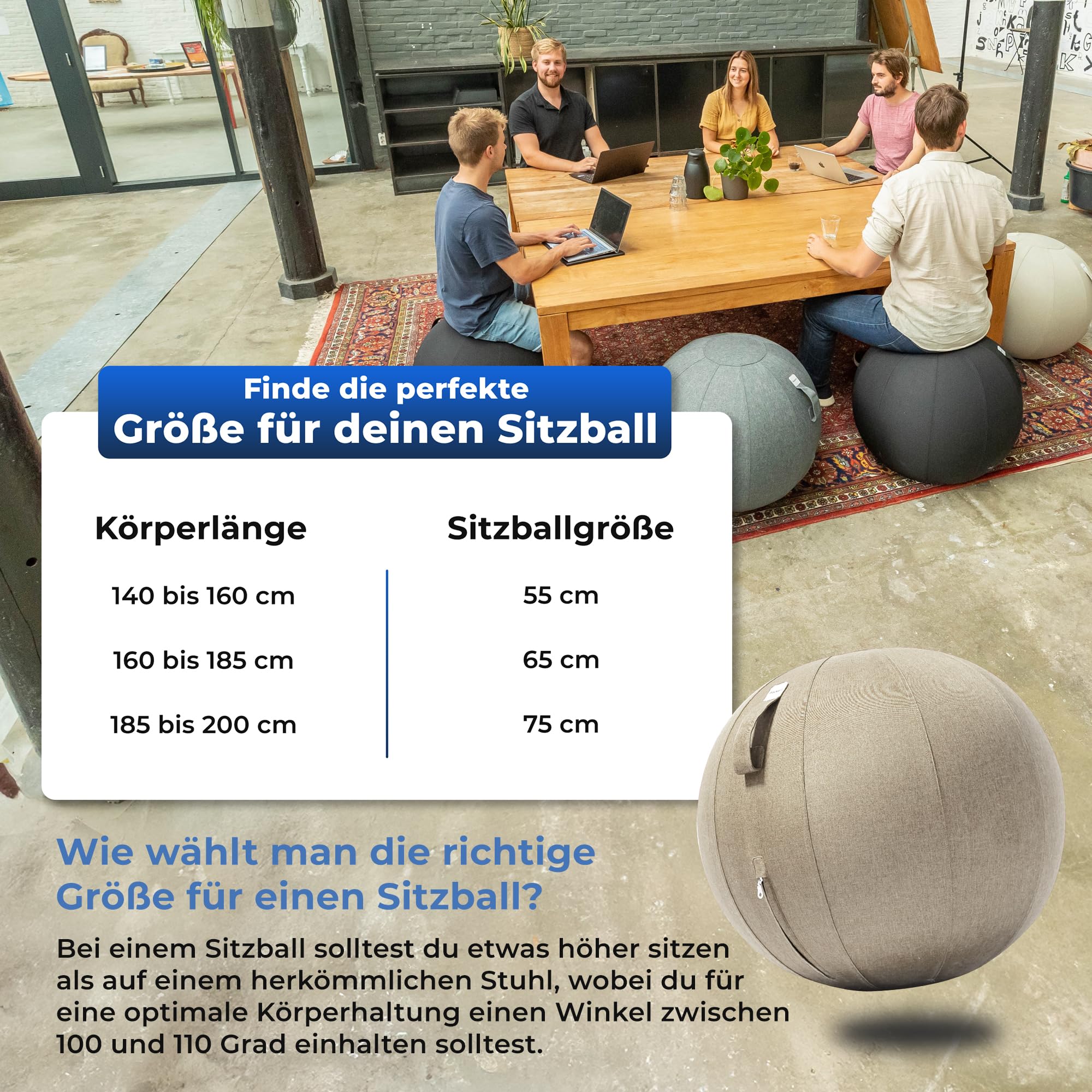 Backerz Sitzball - Ergonomische Sitzmöbel für Büro und Heimbüro - Langlebiger Stoff, Gymnastikball - Fitness-Ball, Ballstuhl mit Ballauflage - Waschbarer Leinenbezug