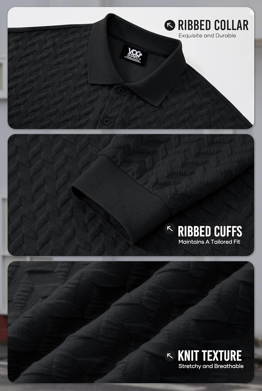 Mens Textured Polo Stretchy Casual Fashion Long Sleeve Button Shirt (S-XXL) - Image 6