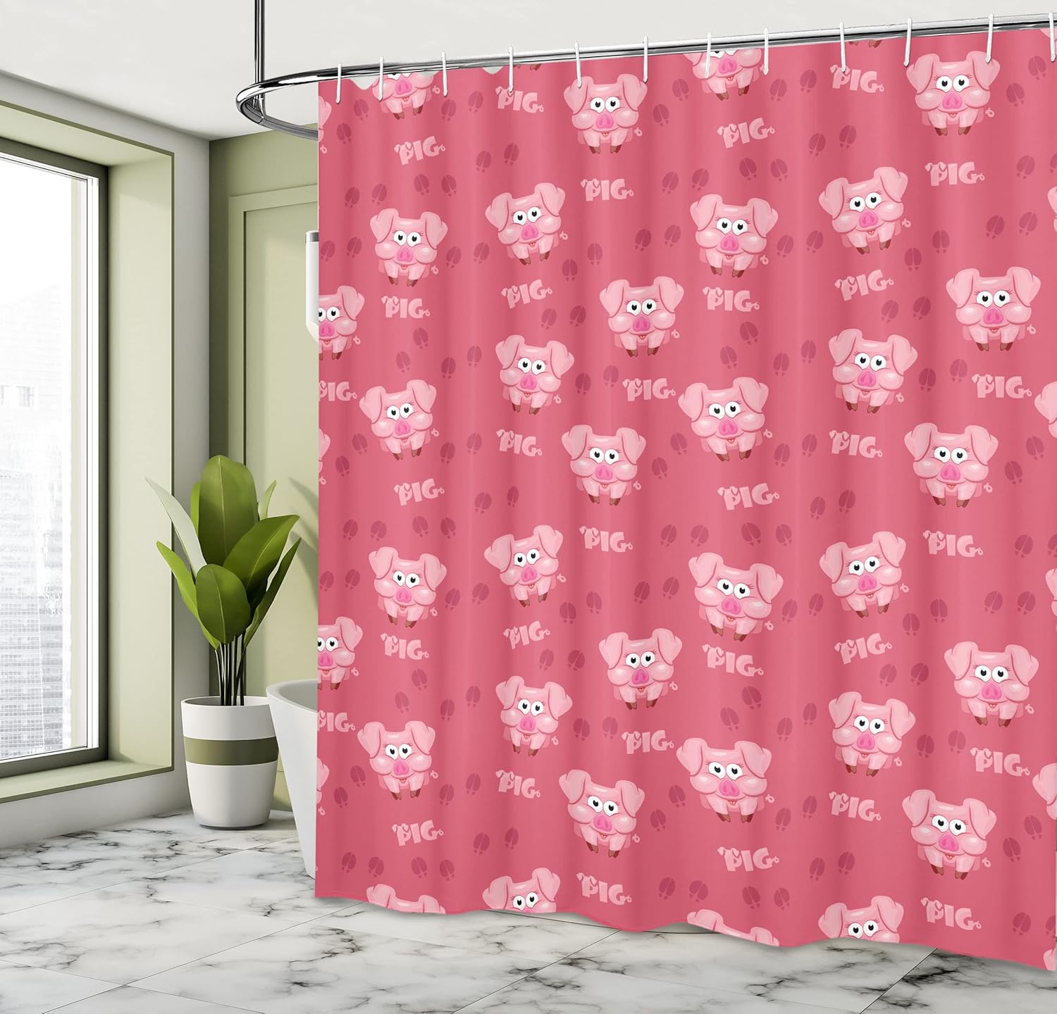 Ambesonne Pig Shower Curtain, Square Cartoon Animal Hog Cheering Greeting Running Towards Humorous Artwork Farmland Life, Cloth Fabric Bathroom Decor Set with Hooks, 69" W x 70" L, Pink and Pale Pink