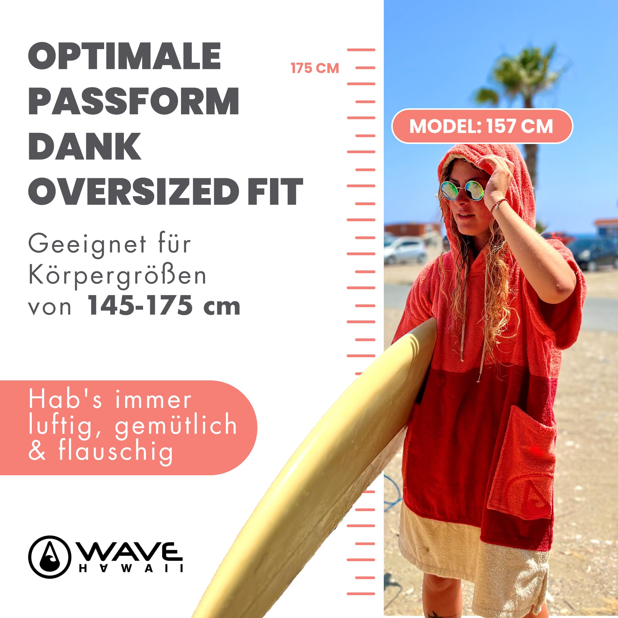 WAVE HAWAII Bade-Poncho Damen & Herren, Größe S, 151-173cm, 100% Baumwolle Surf-Poncho für Erwachsene, Frottee Handtuch mit hoher Wasserabsorption, Umziehhilfe Strand Erwachsene