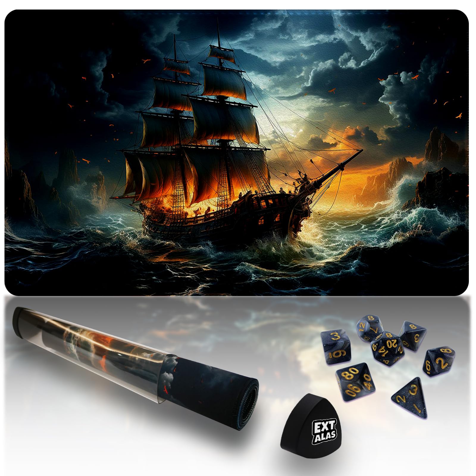 Extalas MTG Playmat with Storage Tube & 7-Dice Set - Waterproof TCG Playmat with Stitched Edges, Non-Slip Rubber Card Game Mat (24"x14") (playmat Without Zones, 1-The Mysterious Ghost Ship) โ image 1