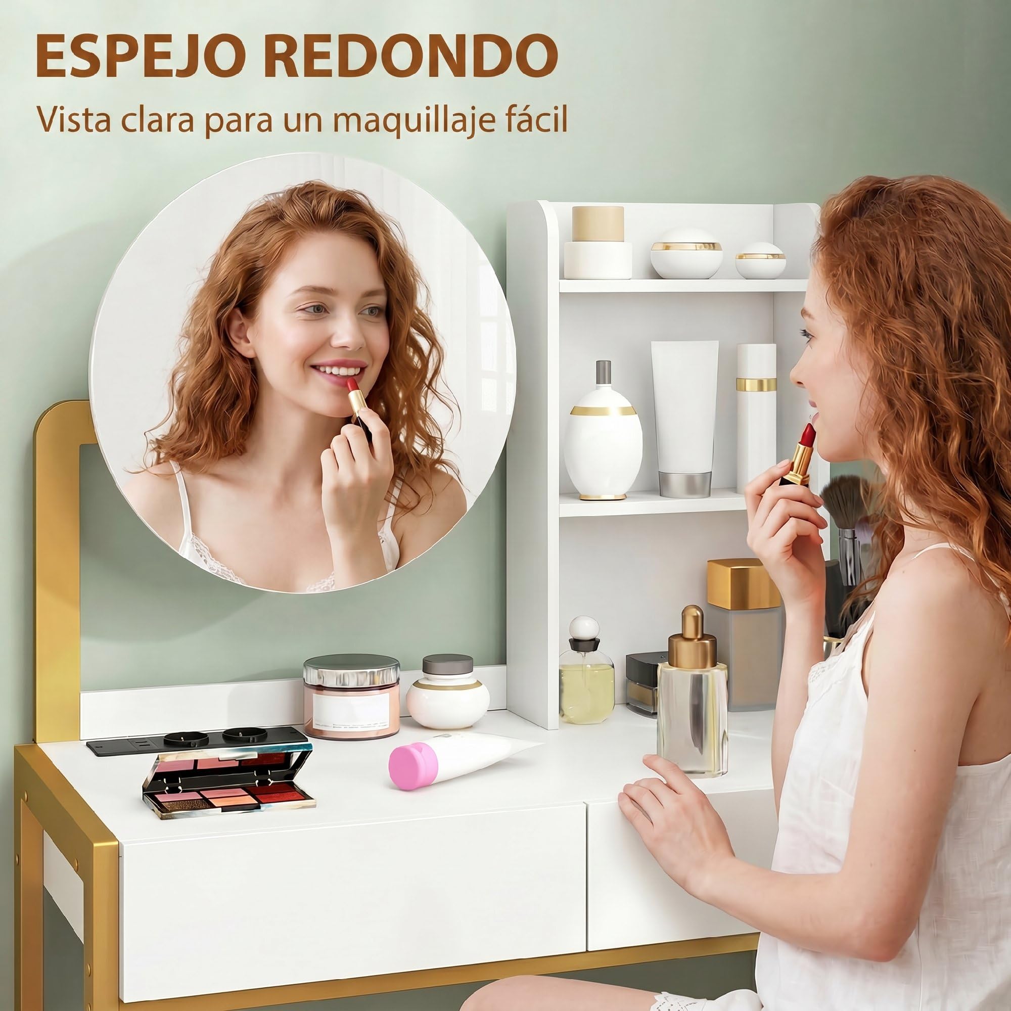 HOMCOM Tocador de Maquillaje con Espejo y Taburete Acolchado, Tocador con Estación de Carga, 2 Cajones, 3 Estantes Abiertos, Puerto USB, Estructura Metálica, para Dormitorio, Blanco