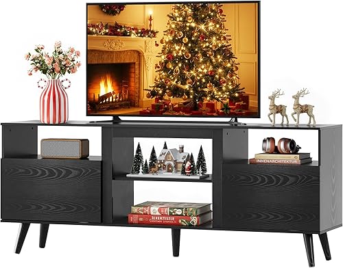 WLIVE Soporte de TV moderno Mid-Century para TV de 55, 60 y 65 pulgadas, centro de entretenimiento con estante extra abierto y gabinetes de