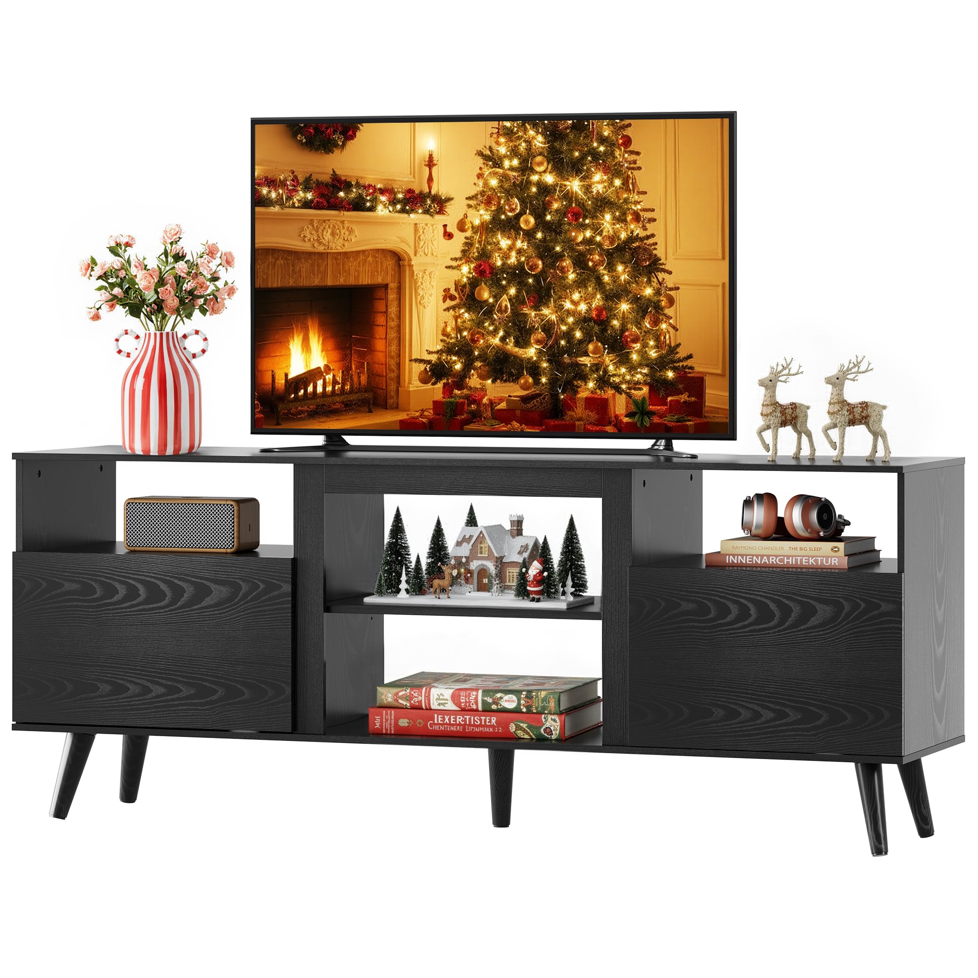 WLIVE Mid-Century Modern TV Stand for 55 60 65 Inch TV, Entertainment Center with Extra Open Shelf & Storage Cabinets, Media TV Console for Living