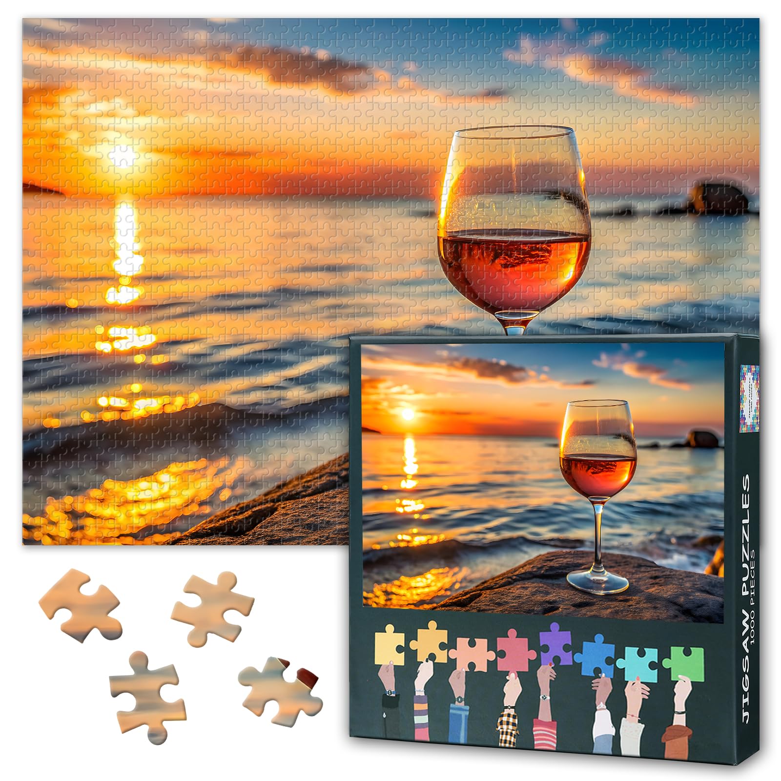 1000 Piece Jigsaw Puzzle for Adults Seaside Rose Wine Glass Sunset Reflection on Stone Beach Vacation Theme Relaxing Adult Puzzle 27.5x19.7 Inch — image 1