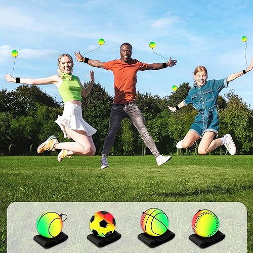 Miniatura 14 de 4 bolas de retorno de muñeca, pulsera de bola de rebote de goma de 2 pulgadas en una cuerda deportiva de muñeca, incluye baloncesto, béisbol