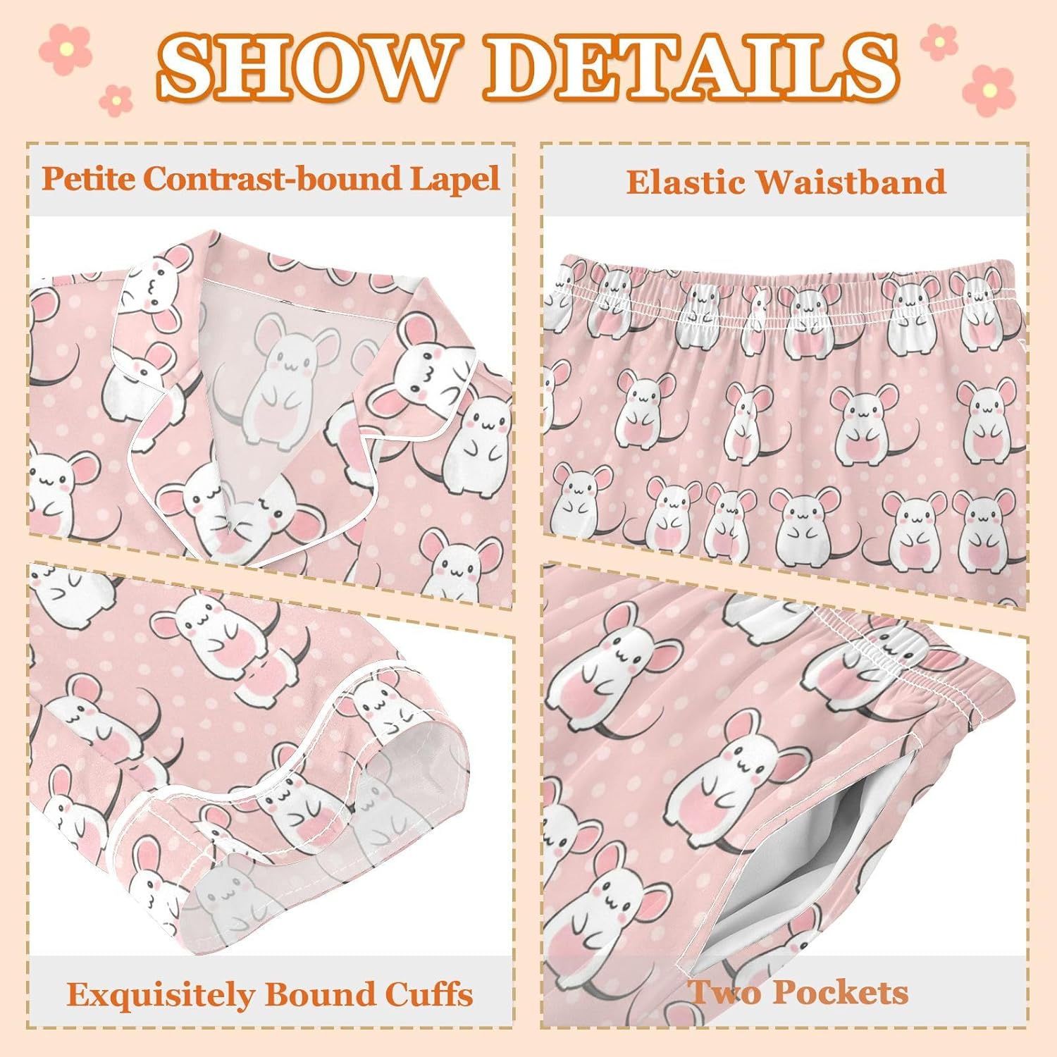senya Cute Cartoon Mice Satin Pajama Sets Long Sleeves Nightwear Button Down Sleepwear