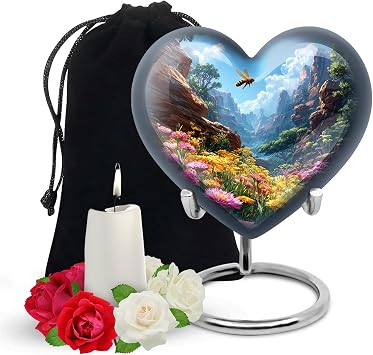 Yatskia Flying Bee at Blossoms Decorative Funeral Urns for Human Ashes Adult Mom and Dad, Large Cremation Urn for Ashes Adult Male, Heart Large, 8 Inch
