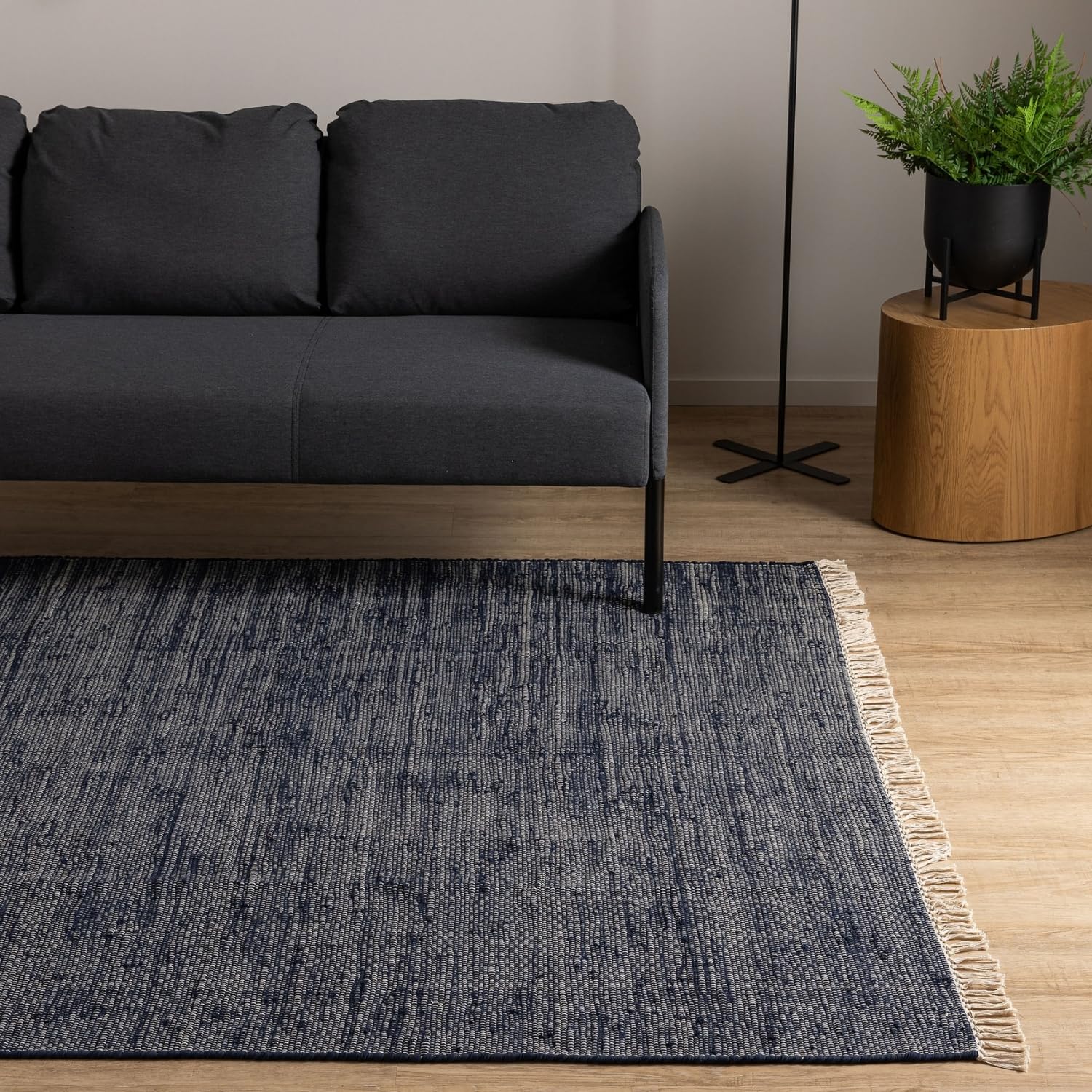 Interiyou dywan salon bawełniany Toledo - 200x300 cm Granatowy - Ręcznie tkany z frędzlami, sypialnia, pokój dziecięcy, jadalnia, kuchnia, przedpokój