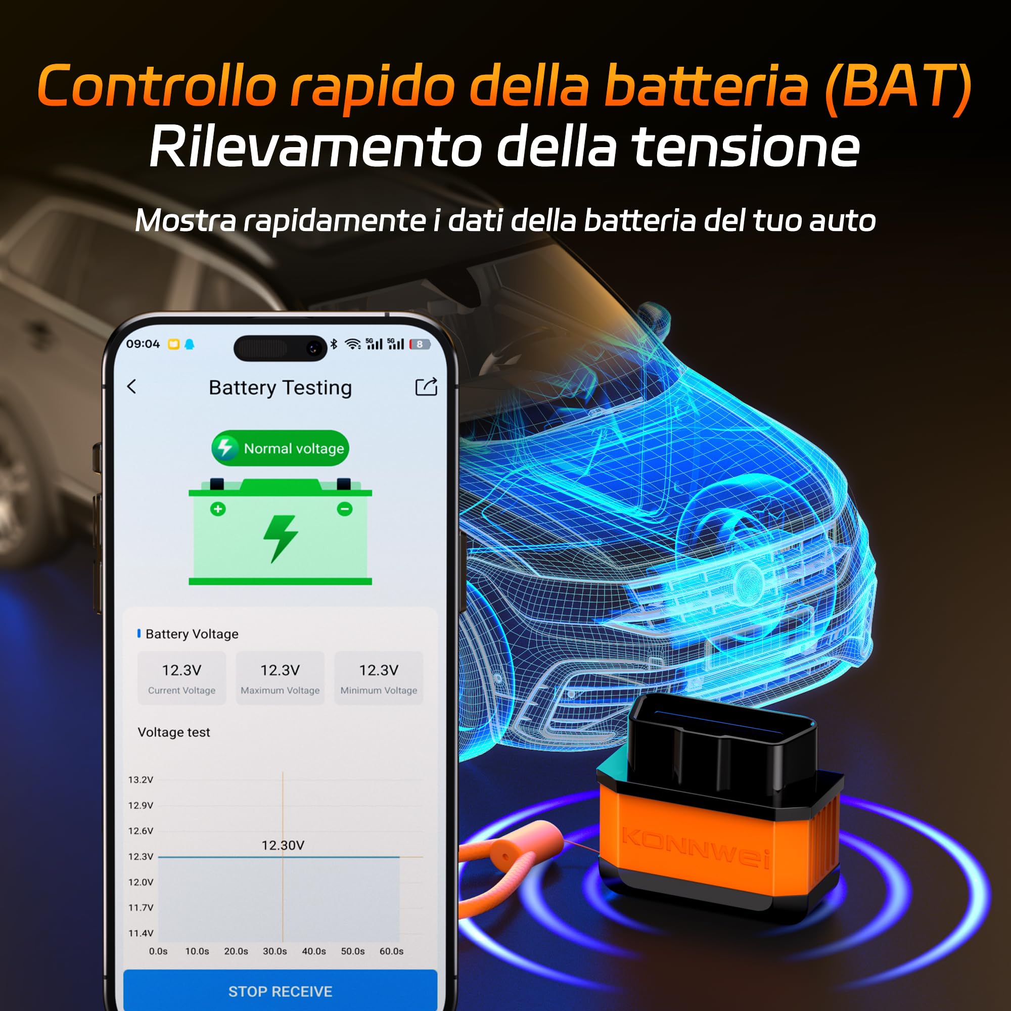 KONNWEI OBD2 - Dispositivo diagnostico Bluetooth, scanner wireless per auto, lettore di codici diagnostici con interruttore di alimentazione - Strumenti diagnostici OBD-II per iOS, Android e Windows