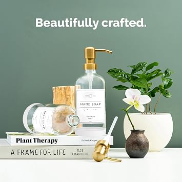Vine Creations ガラスソープディスペンサー 2個パック キッチンソープディスペンサーセット ステンレススチールポンプ付き 16オンス ディッシュソープとハンドソープディスペンサー バスルーム用 防水ラベル付き クリア