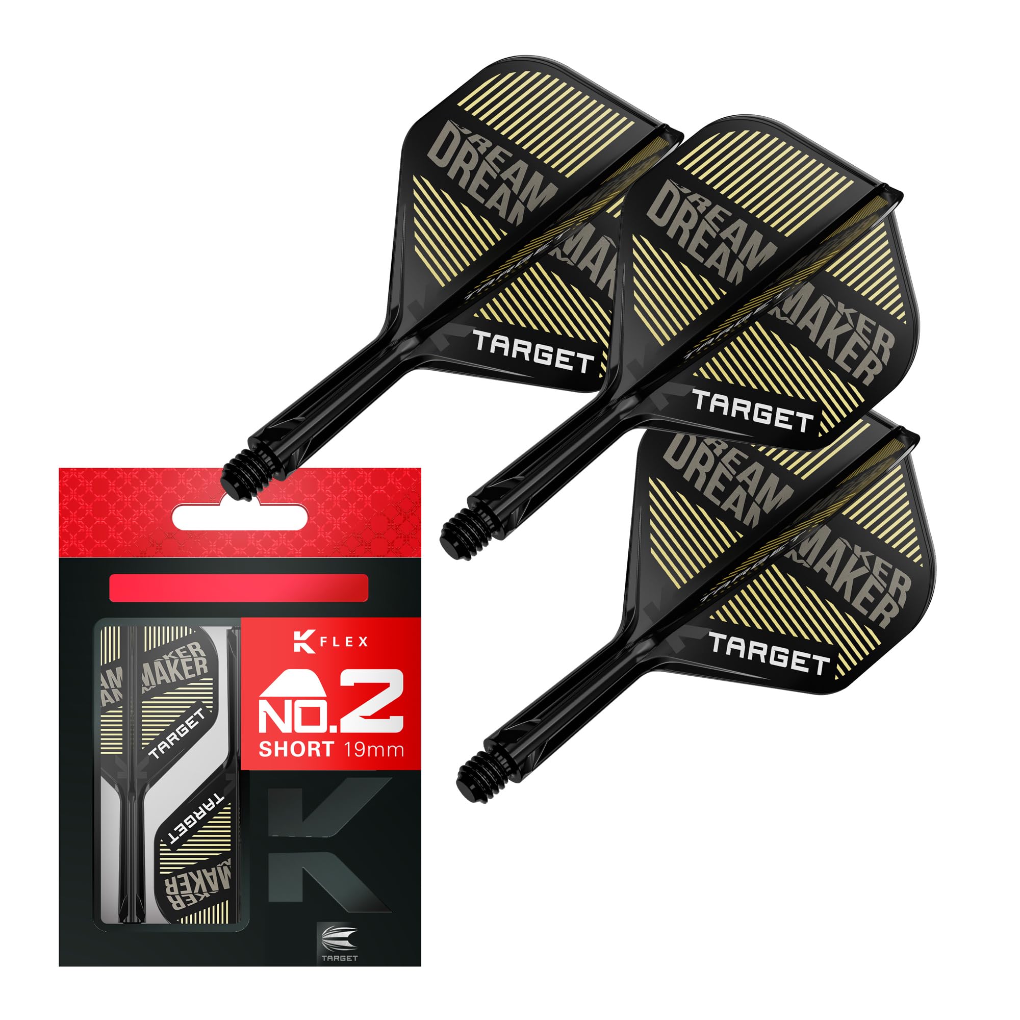 Target Darts Dimitri Van den Bergh K Flex Flights and Shaft System, No.2 (Short, 19mm) | Pack of 3 Kflex All In One Flights, Player Edition Darts Accessories | K-Flex Dart Stem