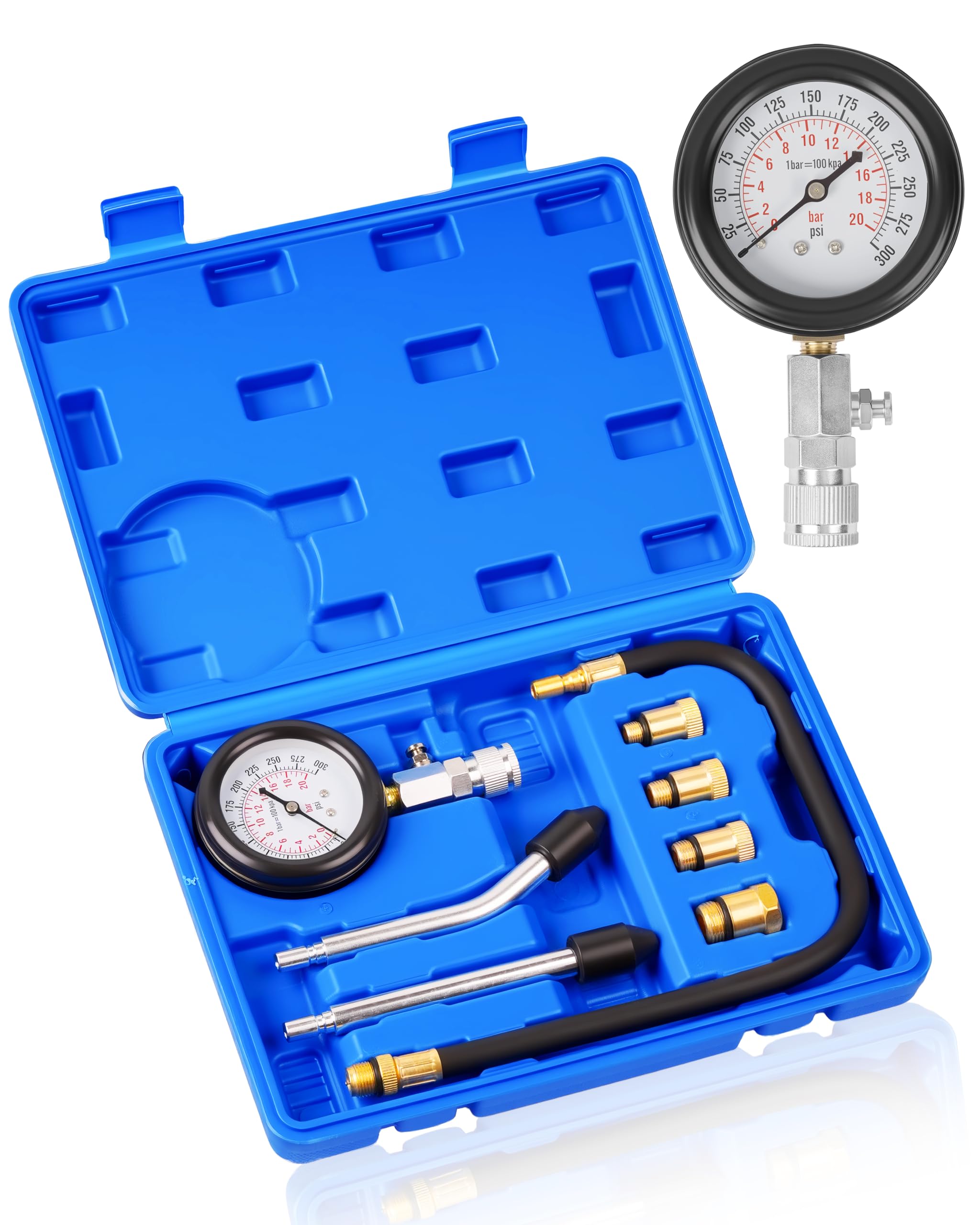 DAYUAN Testeur de Compression, Coffret de compressiomètre Set de compresseur pour Tous Moteurs Deux Kfz M10 M12 M14 M18 0-20 bar & 0-300 psi