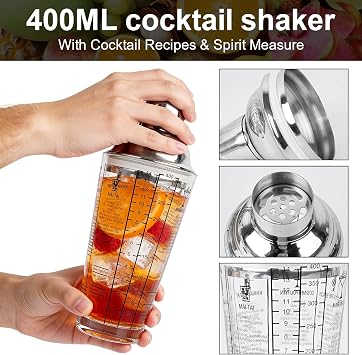 13 Pieces Cocktail Making Set, Cocktail Shaker Set Barware Glass Cocktail Shaker with Recipes On Side Bar Tool Set Bartender Kit with Display Stand for Home & Bar