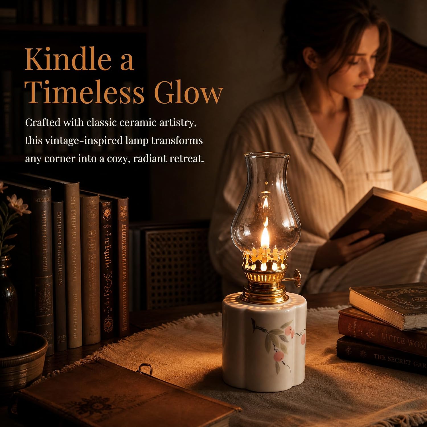 Minimalist Sino-Japanese Ceramic Oil Lamp – Hand-Painted Peach Design with Brass & Glass Shade, Decorative Ambient Light for Zen Spaces, Bedroom & Emergency Use