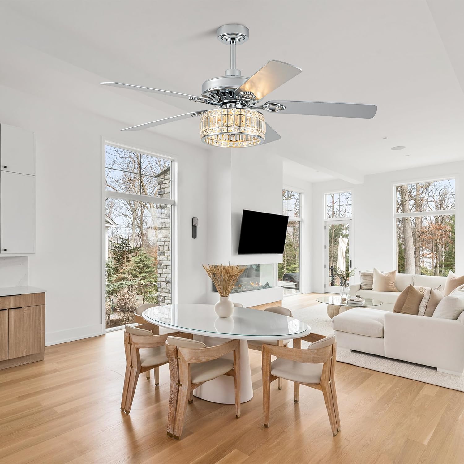 52'' Crystal Ceiling Fan with Light and Remote,Rustic Crystal Chandelier Fan with 6 Speeds,5 Double Finish Blades,Quiet and Reversible DC Motor for Living Dining Room Bedroom