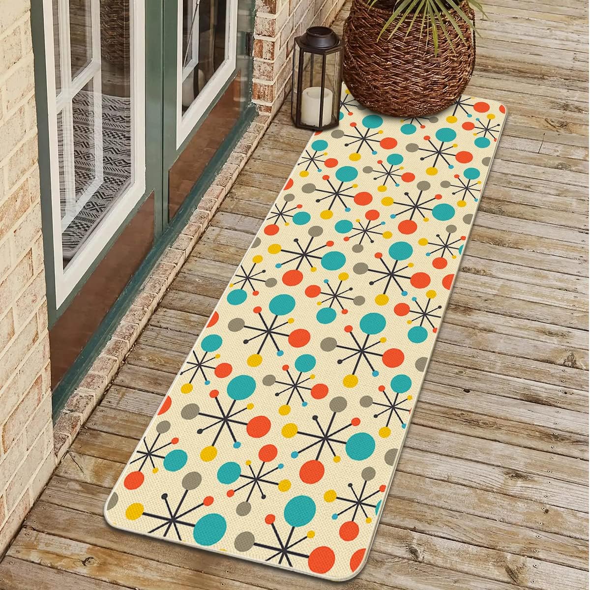 Mid Century Modern Atomic Retro Colors Kitchen Mat Set of 1 Funny Floor Mats Yellow Kitchen Rug Comfort Non-Slip Washable for Kitchen Indoor Outdoor Farmhouse Home Decor Cute Doormat 17"x47"
