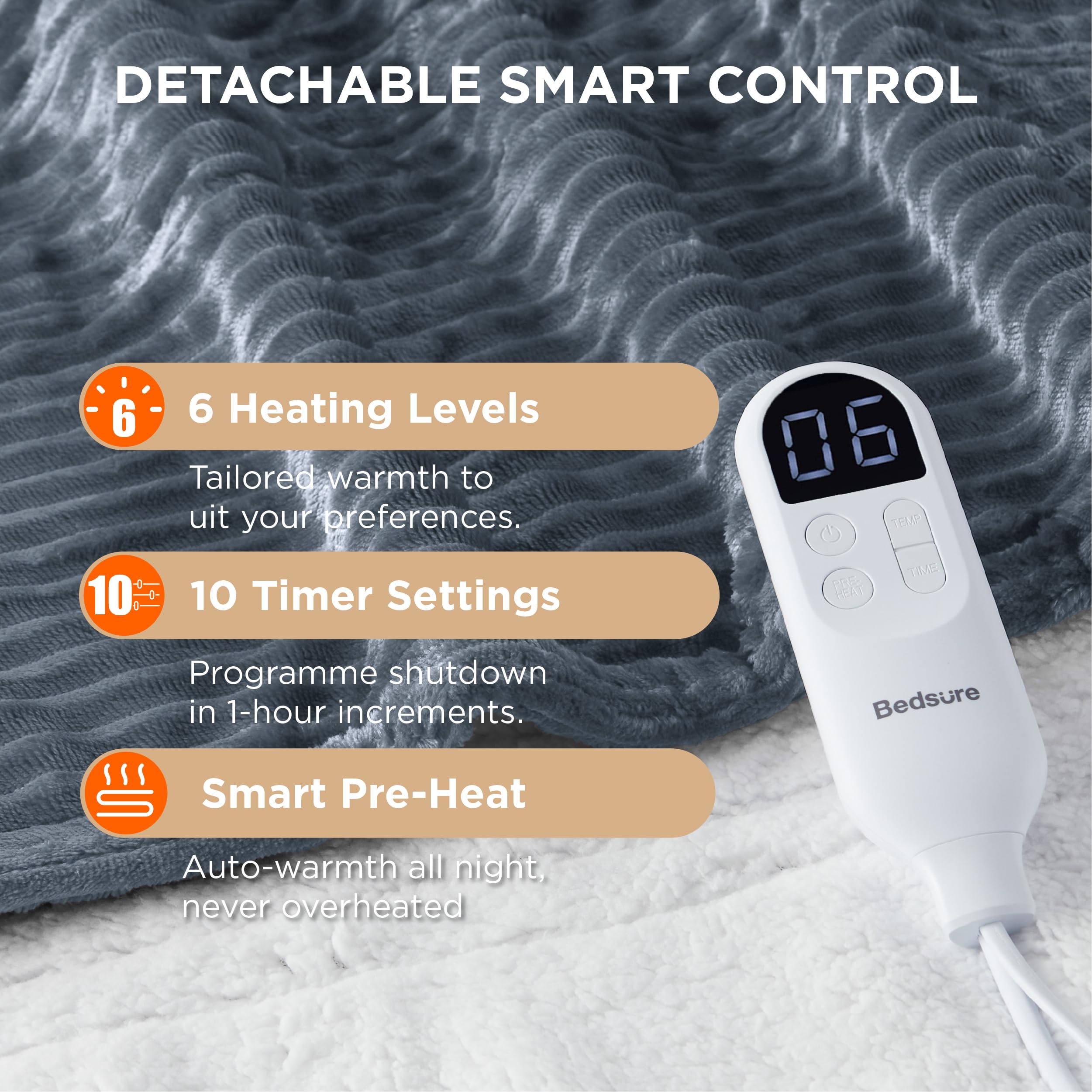 Bedsure Heated Blanket Electric Throw, Ribbed Flannel Electric Blanket, Heating with 10 Time Settings, 6 Heat Settings - Image 3