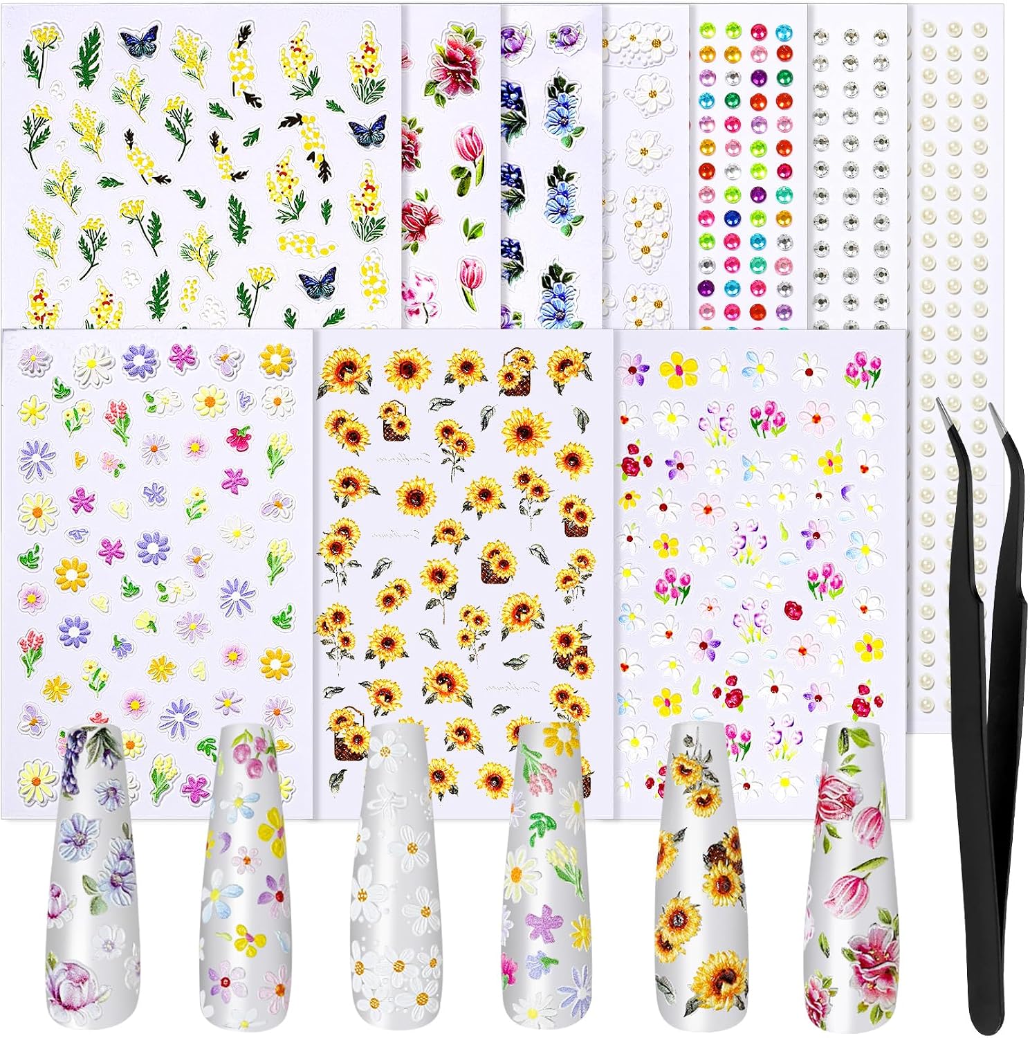 FANDAMEI Flower Nail Stickers, Nail Decals, 7 Sheets 5D Embossed Nail Stickers for Nail Art, 10 PCS Self-Adhesive Nail Art Sticker, Floral Nail Decorations for Girls, Women