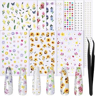FANDAMEI Flower Nail Stickers, Nail Decals, 7 Sheets 5D Embossed Nail Stickers for Nail Art, 10 PCS Self-Adhesive Nail Art Sticker, Floral Nail Decorations for Girls, Women