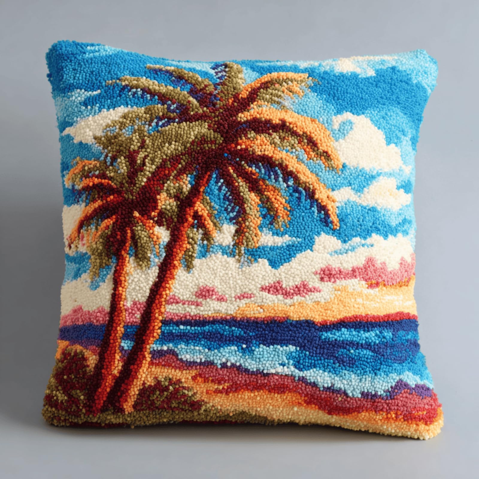 XDEGHUANGSS Beach View Latch Hook Cushion Kit for Beginners - DIY Handmade Pillowcase Sofa Cushion Cover, Home Decoration Yarn Craft Gift Set,43x43 cm