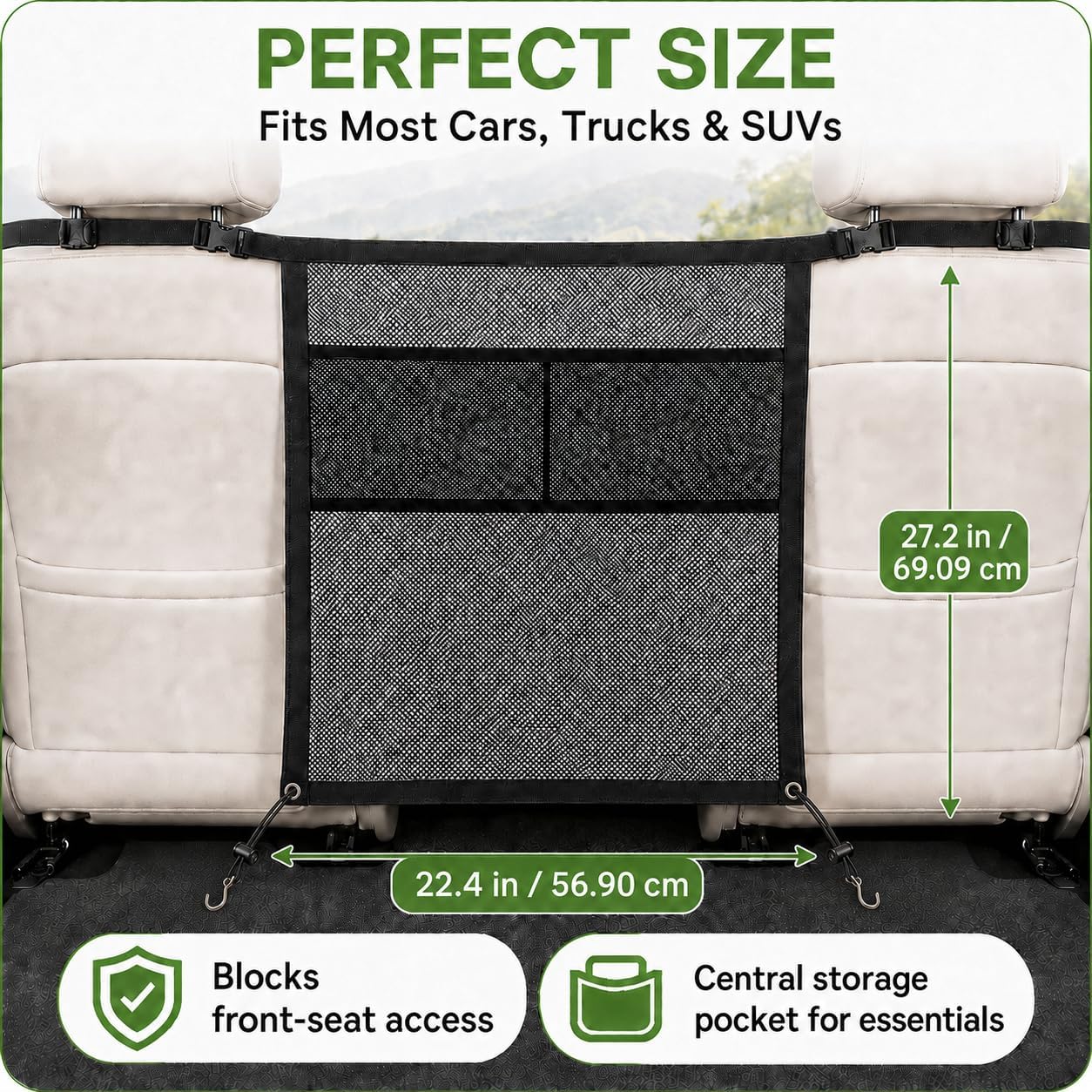 Dog Car Barrier, Dog Net for Car, Pet Divider Barrier, Mesh Storage Pocket image 2