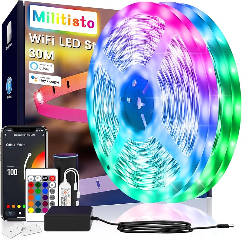 Militisto 30M RGB LED Szalag WiFi Okos Világítás Alexa Google Assistant Kompatibilis Zeneszinkron Távirányítóval 2x15m