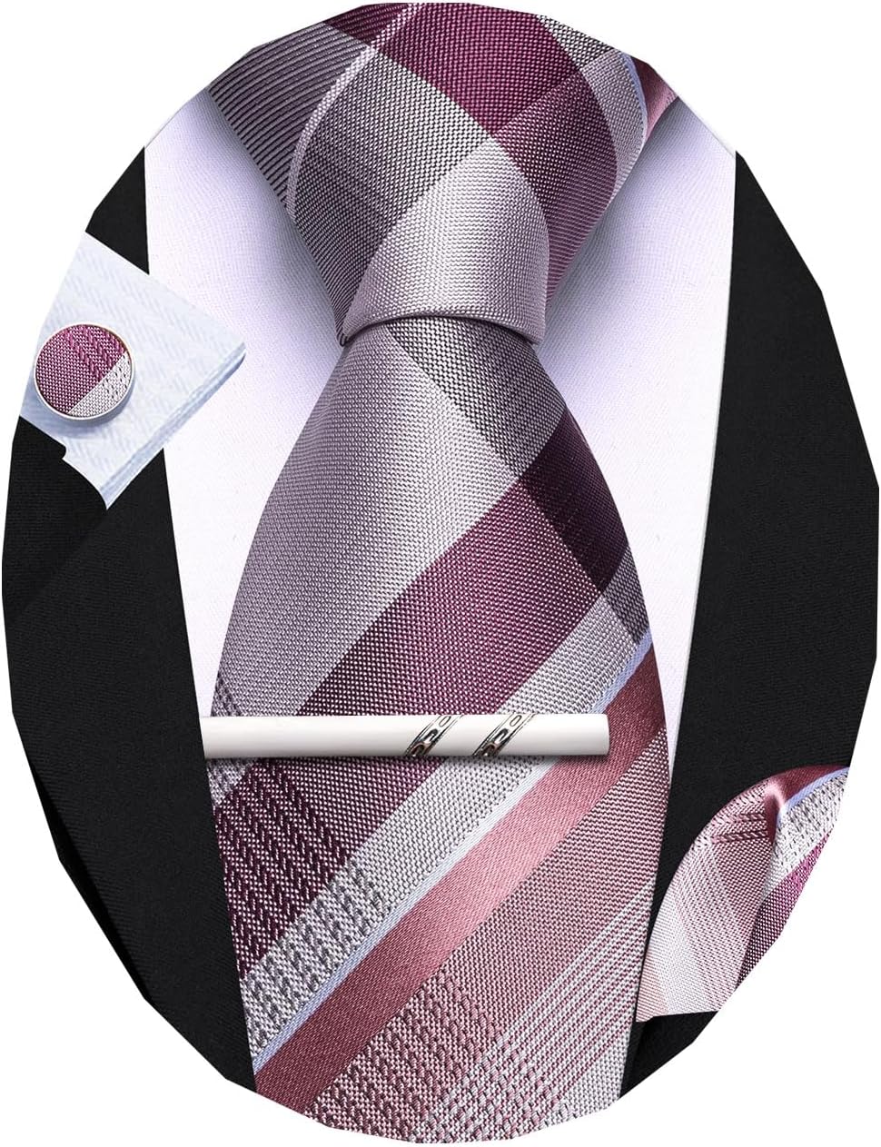 Barry.Wang Men's Plaid Silk Tie Set: Woven Checkered Necktie, Handkerchief, Cufflinks & Clip for Business Weddings