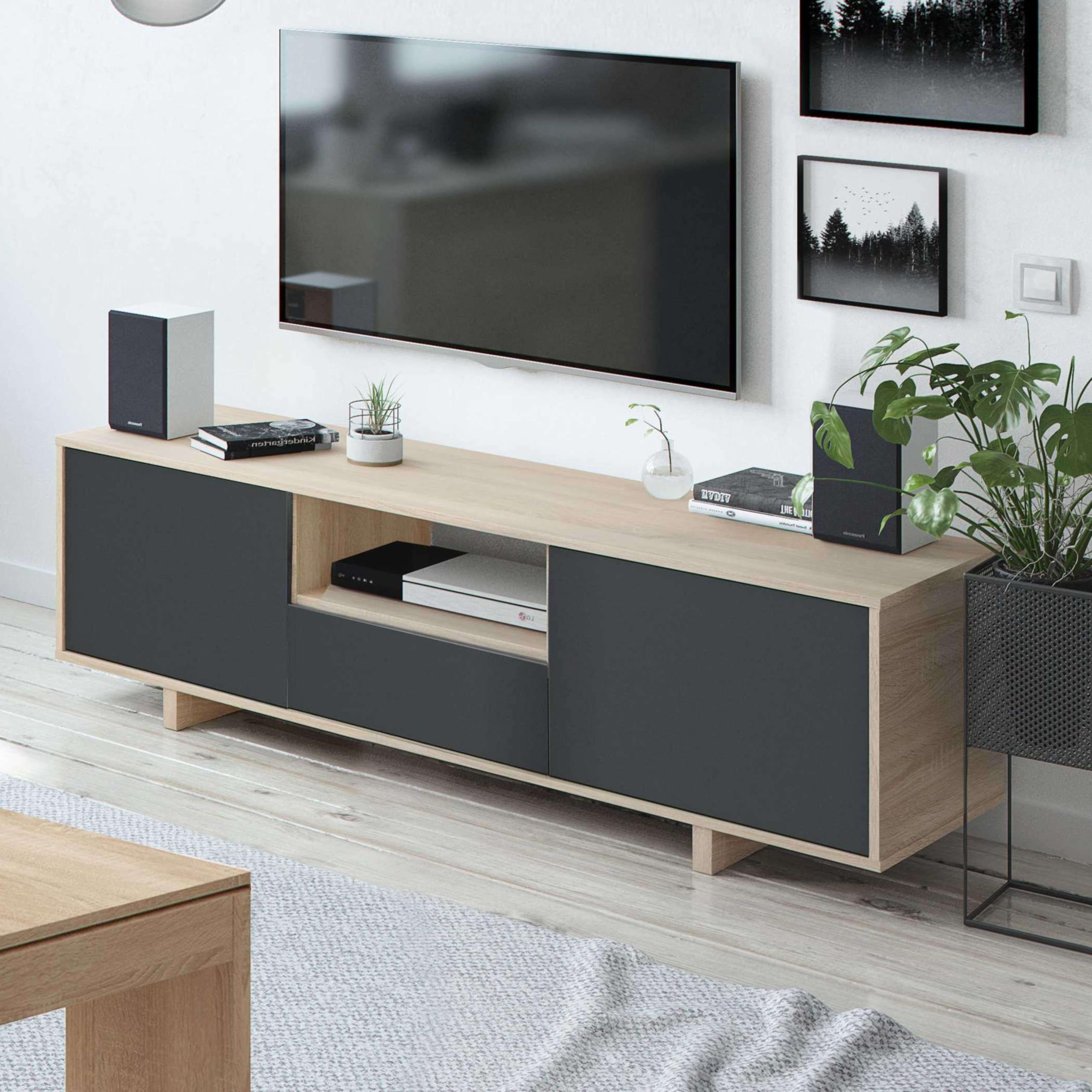 Habitdesign Modèle Zaira Meuble TV, finition chêne canadien et gris anthracite, dimensions : 150 x 46 x 41 cm (l x H x P).