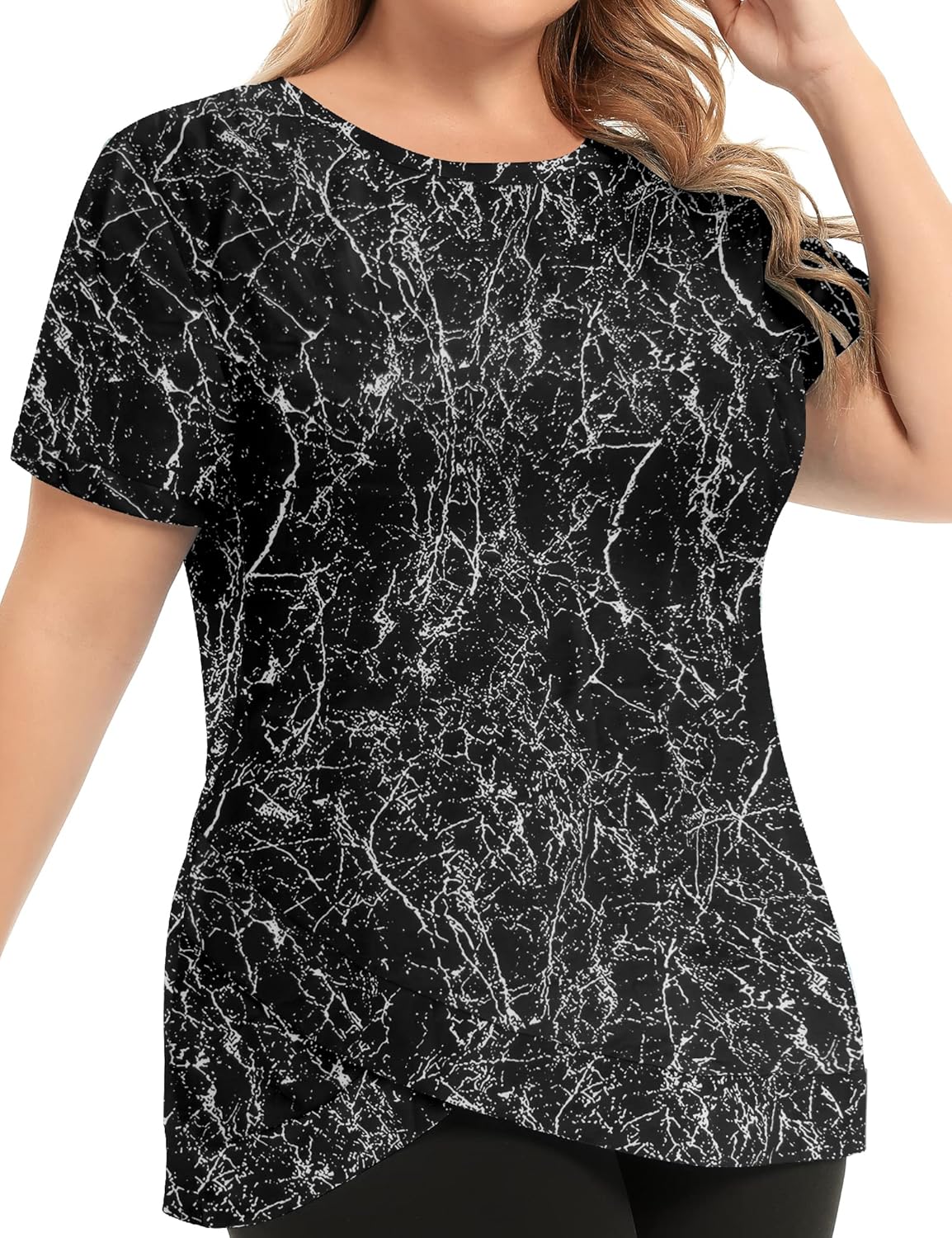 FOREYOND Plus Size Workout Tops for Women Short Sleeve Loose Fit Athletic Shirts Running Yoga Clothing Summer, Black Marble, 4XL