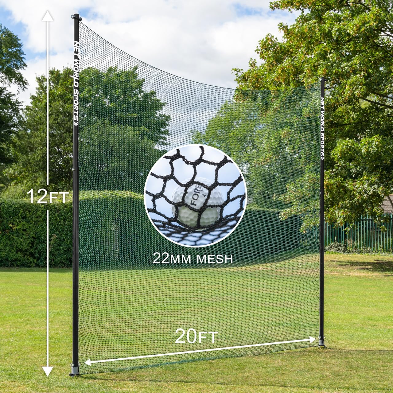Stop That Ball™ Pro Socketed Ball Stop Net & Posts | Multi-Sport Removable Net Systems and 4 Netting Types (Golf (High-Impact), 12ft x 60ft)