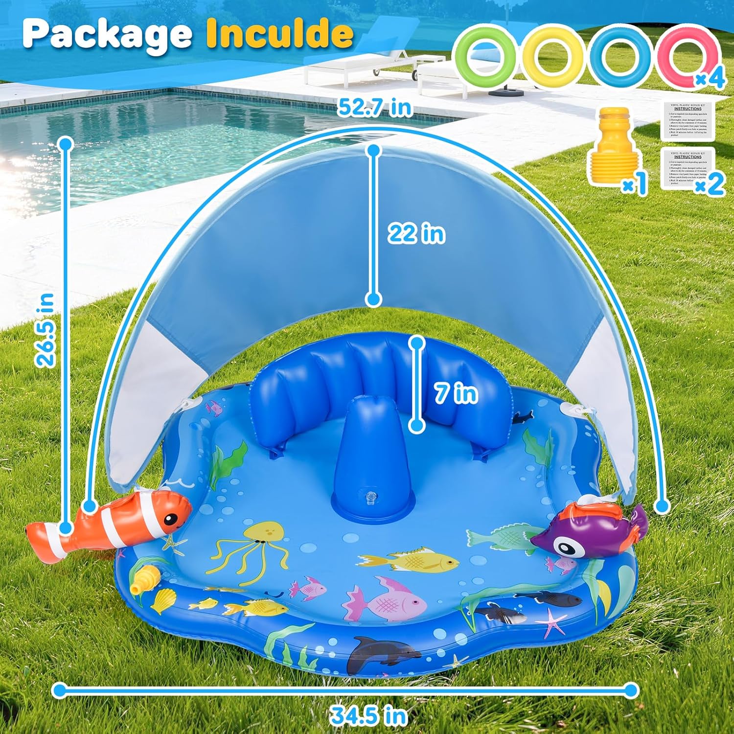 Inflatable Baby Pool Float with Canopy & Backrest, Baby Splash Pad with Stackable Rings Game, Baby Splash Mat for Garden, Beach and Backyard (Blue)