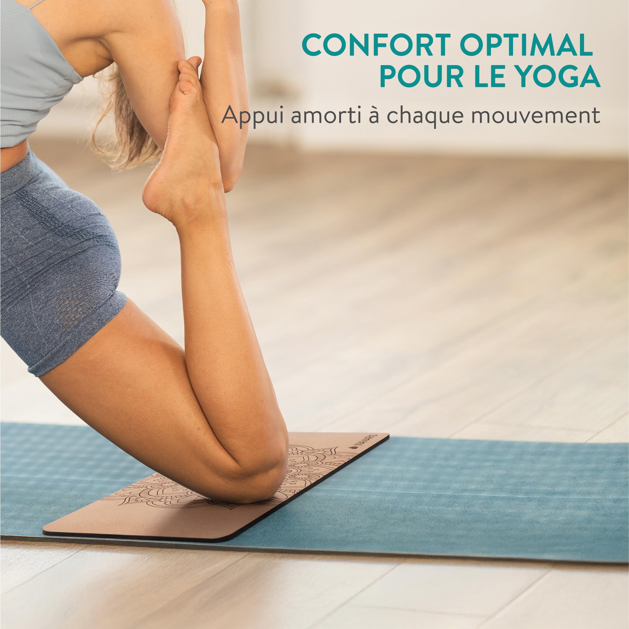 Navaris Tapis de Yoga - Tapis en Liege Véritable - Option Ecologique et Durable - Utilisation Seul ou en Supplément de votre Tapis Habituel - Facile à Transporter - Design Bohème