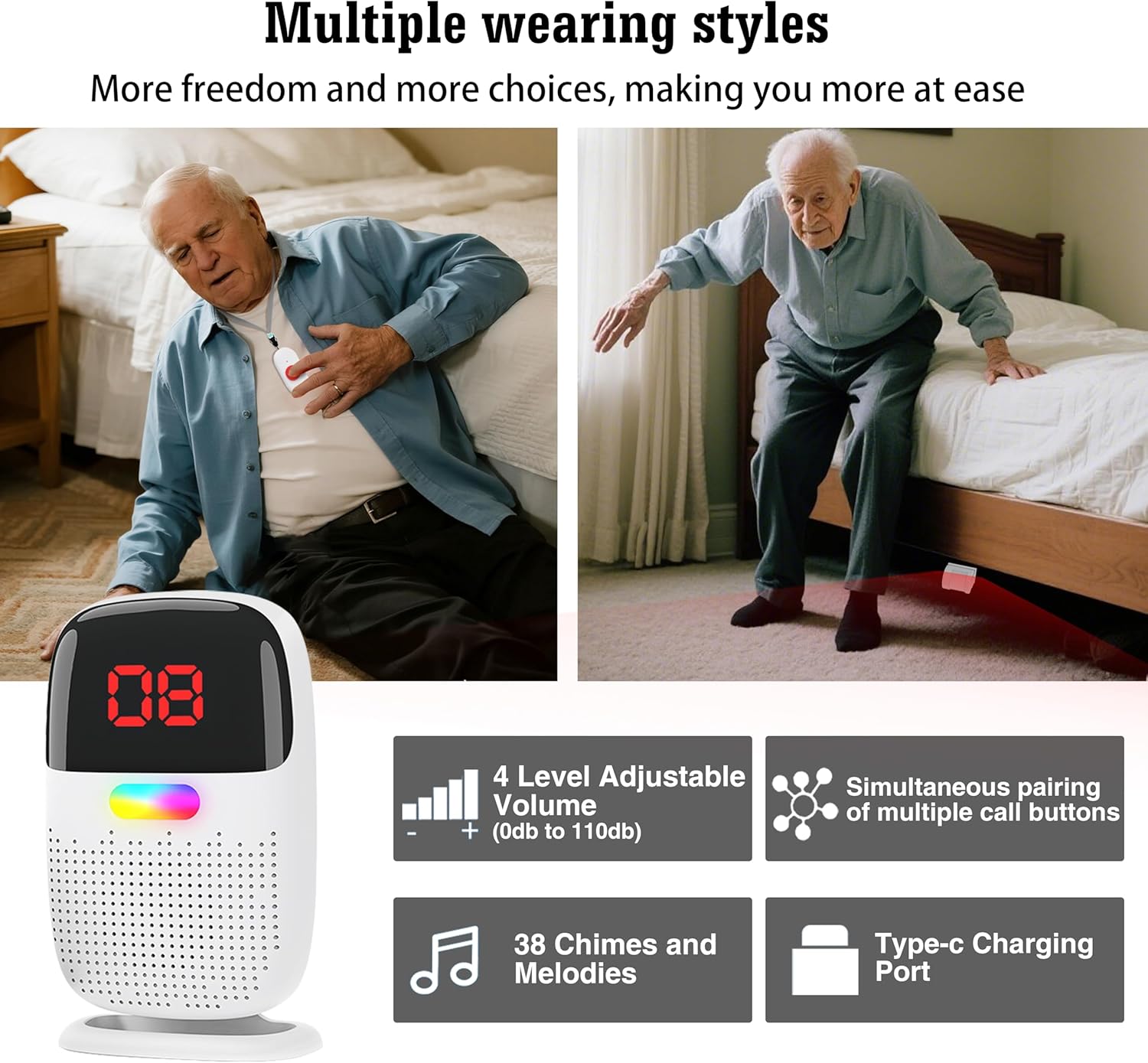 Upgraded Version Bed Sensor Alarm and Fall Prevention for Elderly/Dementia and More,Caregiver Pager Motion Sensor Alarm with Call Button for Patients Seniors Elderly Monitoring at Home