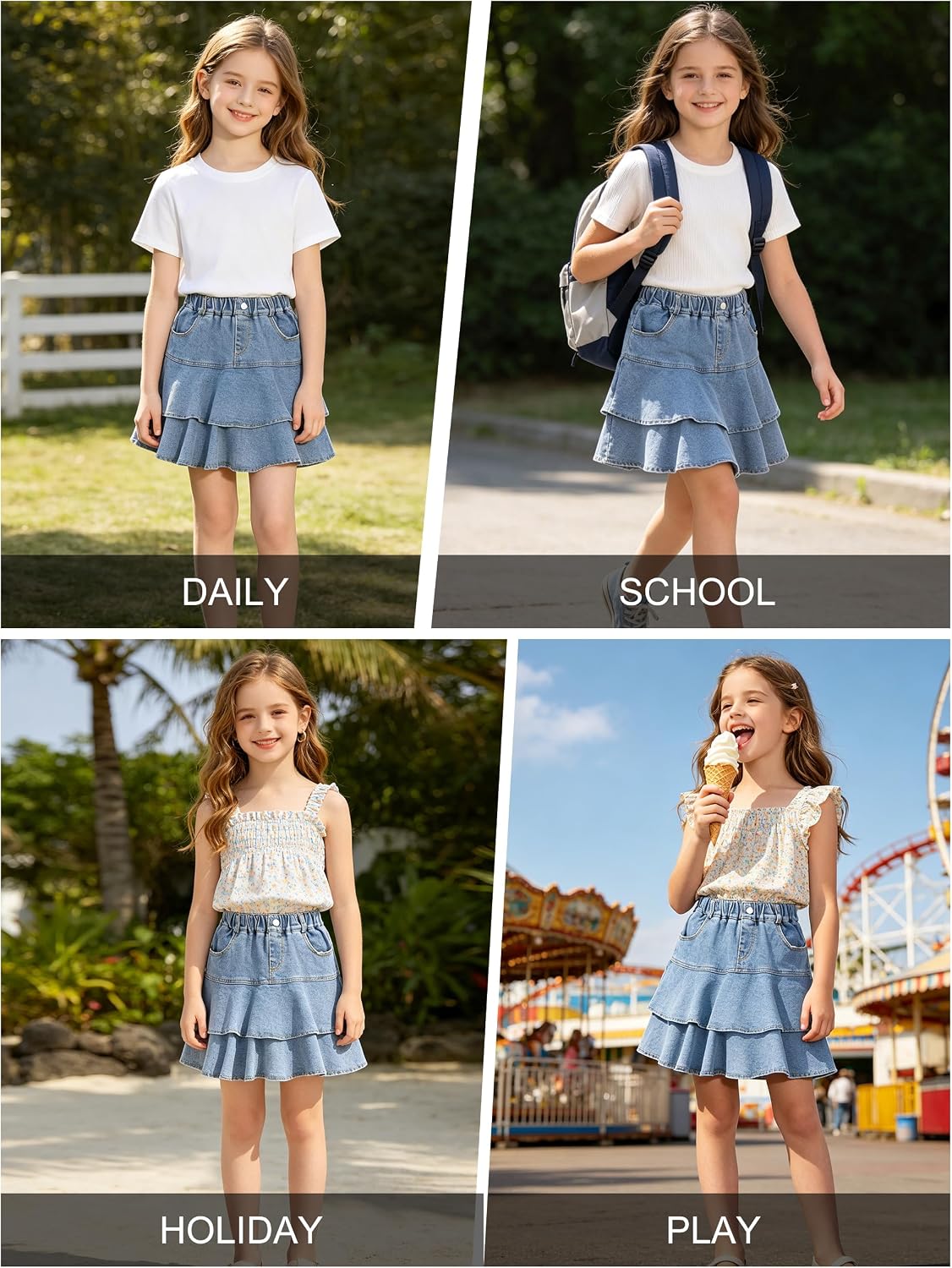 Rolanko Girls Jean Skirt, Tiered Ruffle Denim Skort, Elastic Waist Denim Skirts with Pockets for Kids School Daily Wear 6-14Y