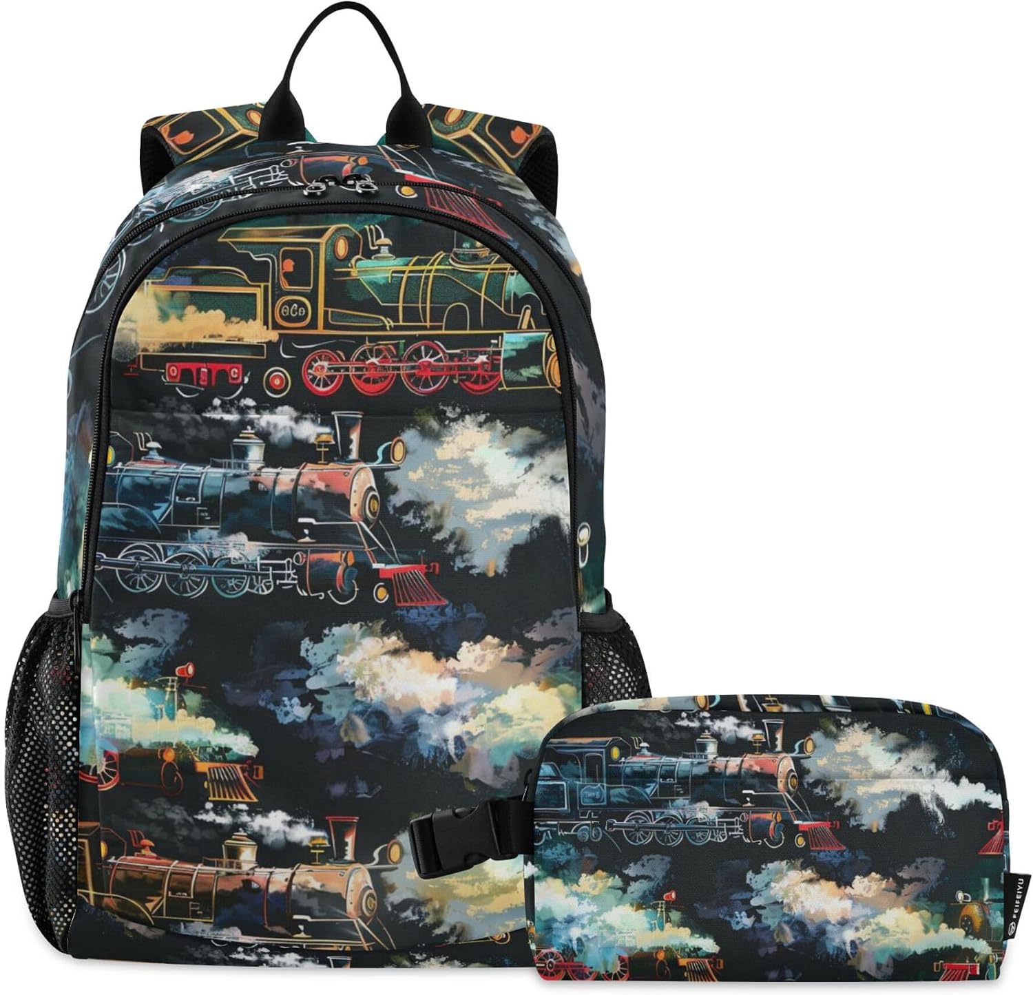 Colorful Steam Train Backpack with Lunch Bag, School Travel Backpack for Teens Boys Girls Backpacks Set