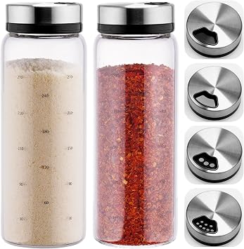 NiHome 2-Pack Spice Shakers with Adjustable Stainless-Steel Lids for Parmesan Cheese, Chili Flakes, Herbs, Salt, Pepper, 10oz Borosilicate Glass Seasoning Dispensers, Easy Refill and Dishwasher Safe