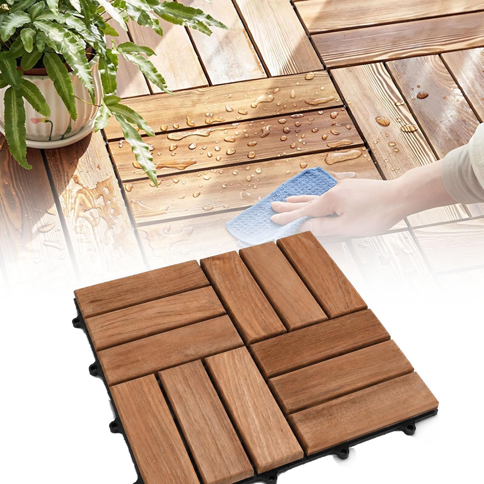 Piastrelle Antiscivolo per Esterni 12-Slat-12pc | Pavimentazione a incastro in legno di acacia (30x30 cm) per patio,terrazza e giardino; piastrelle in legno ritagliabili