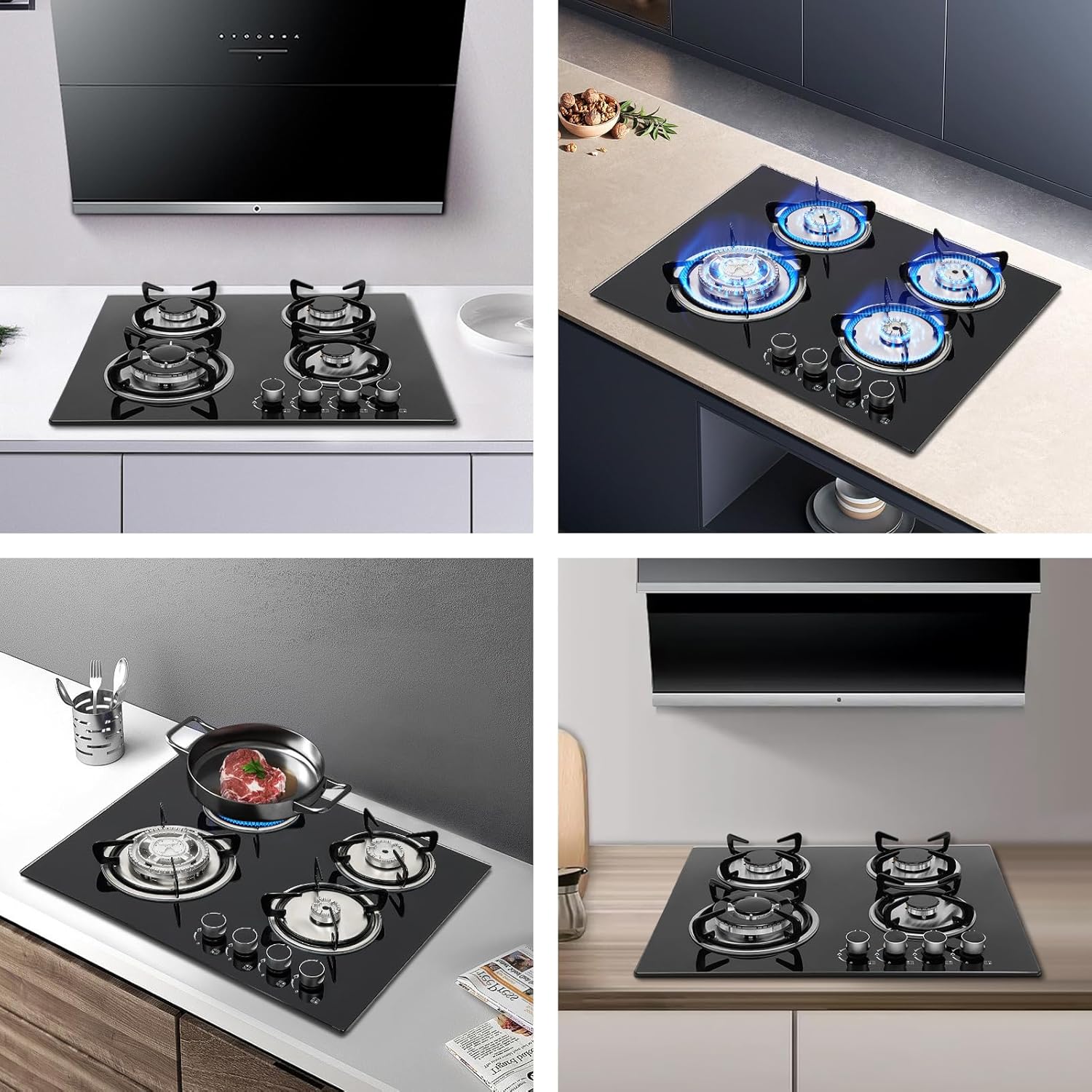 Built in Gas Cooktop, 23 x 20In 4 Burners Tempered Glass Stove with Standard 110V Plug, Elect Ignition System Easy to Clean for Apartments, Indoor