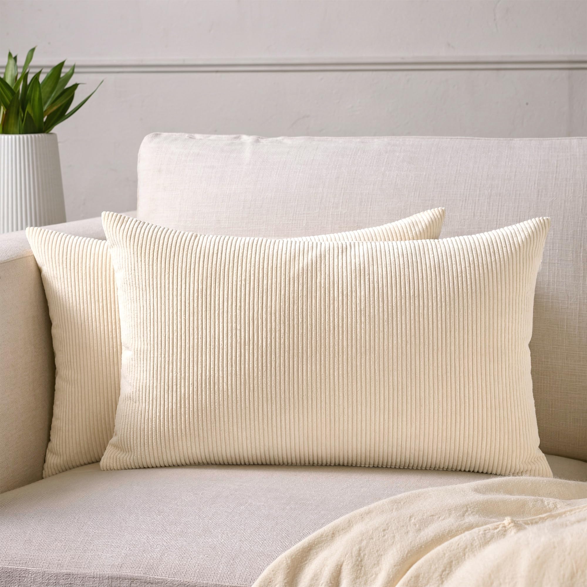 Encasa XO Corduroy Cushion Covers, No Inserts, Set of 2, Cream