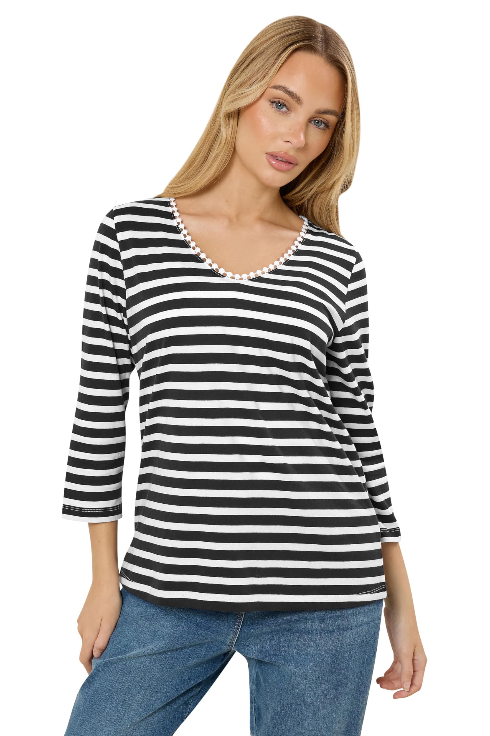 M&Co Women's Stripe Cotton Neck Trim Top in Mid Navy | Size: 14