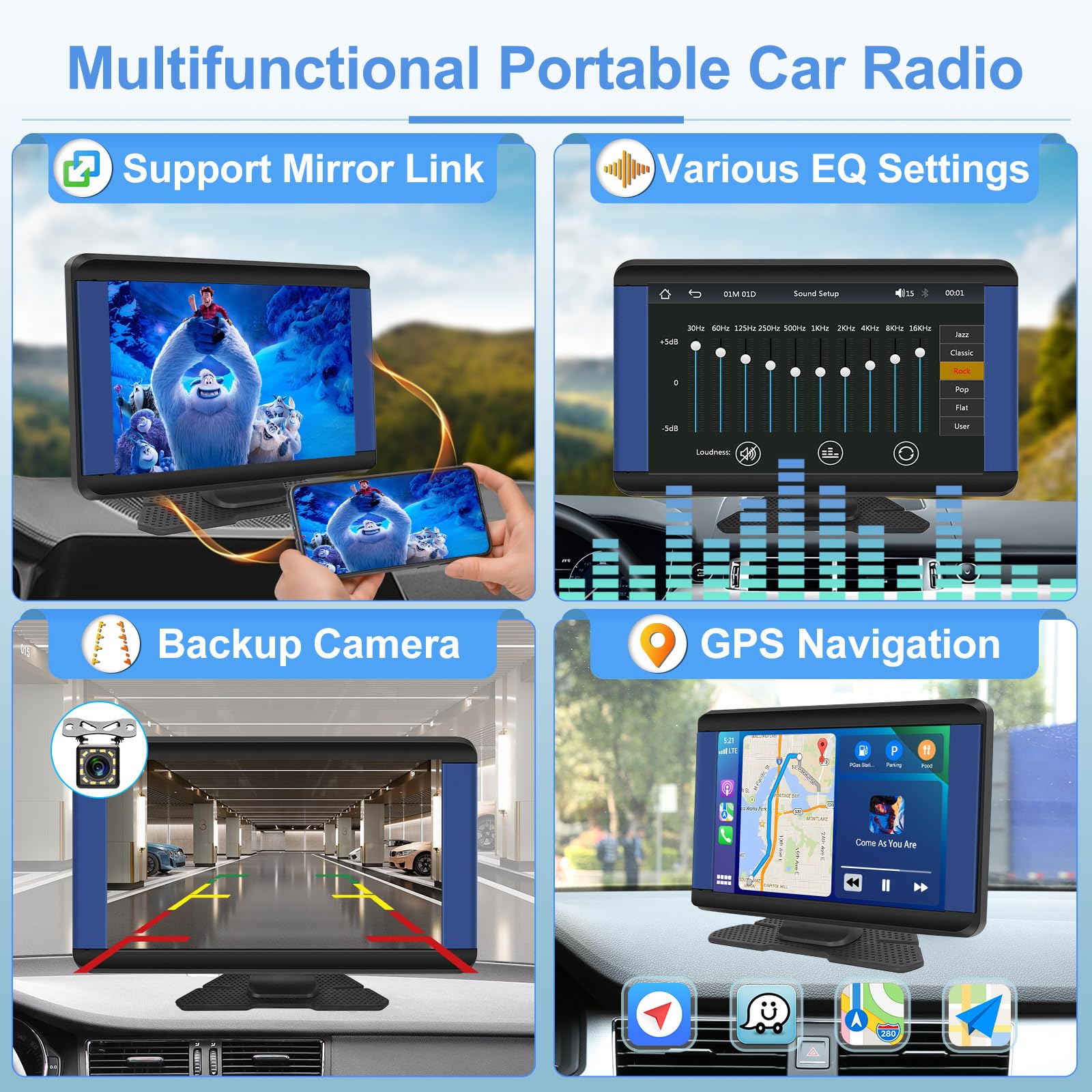 Podofo Wireless Carplay e Android Auto Autoradio Portatile 7" HD Touchscreen Autoradio con Bluetooth, Trasmissione FM, Airplay, Mirror Link & Telecamera per La Retromarcia