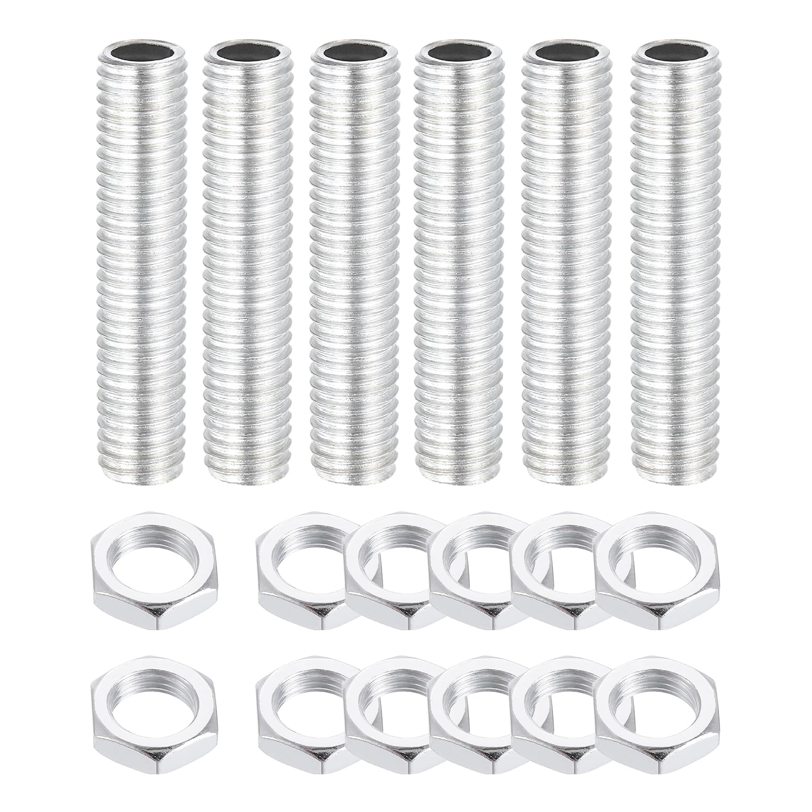 sourcing map 6Pcs 50mm Lamp Pipe Nipples Kit with Lock Nuts, M10x1.5 Coarse All Threaded Hollow Tube Lamp Repair Hardware Fasteners for Chandelier Ceiling Lamps Assembly DIY, White Zinc