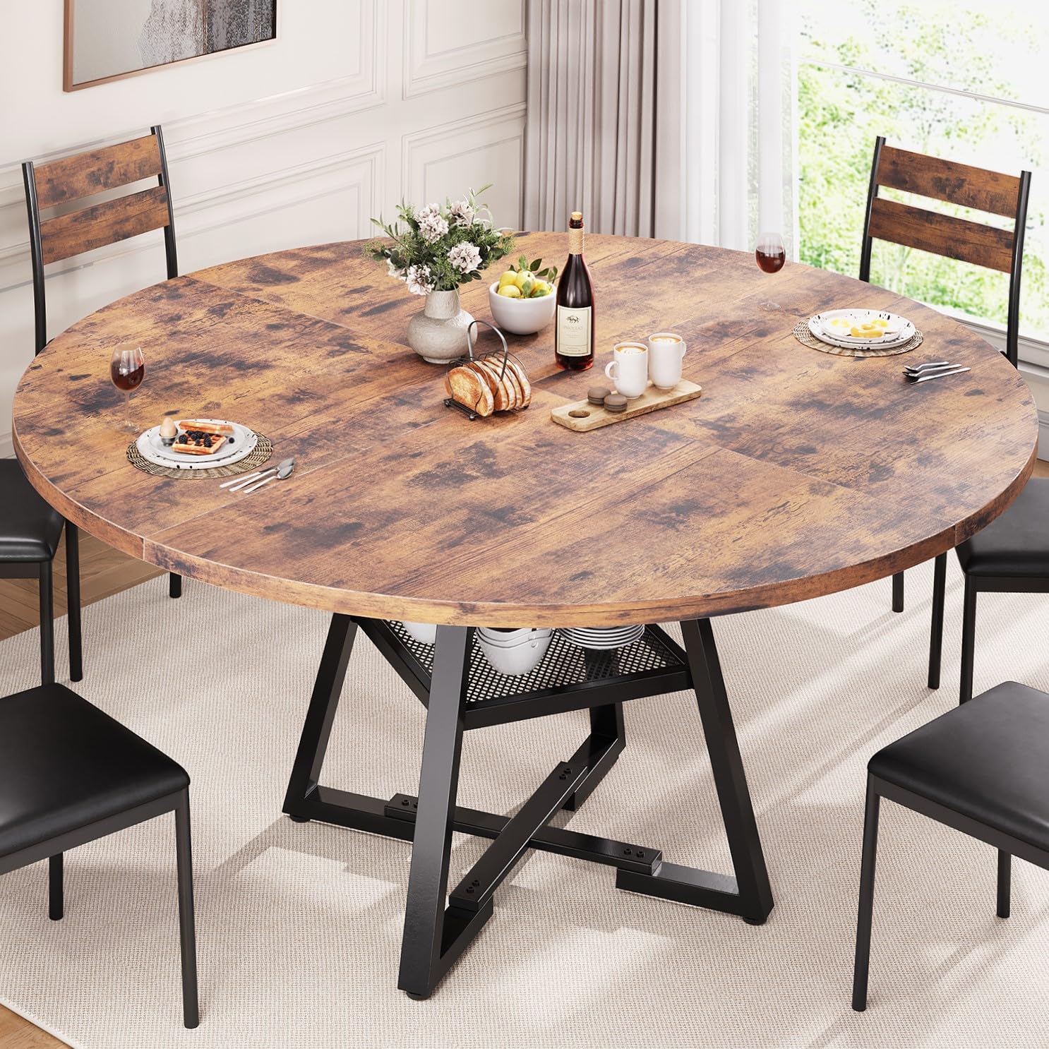 Jocoevol Round Dining Table for 4-6 People, Circle Dinner Table with Shelves, Space Saving Wood Kitchen & Dining Room Furniture (Vintage, 51 inch