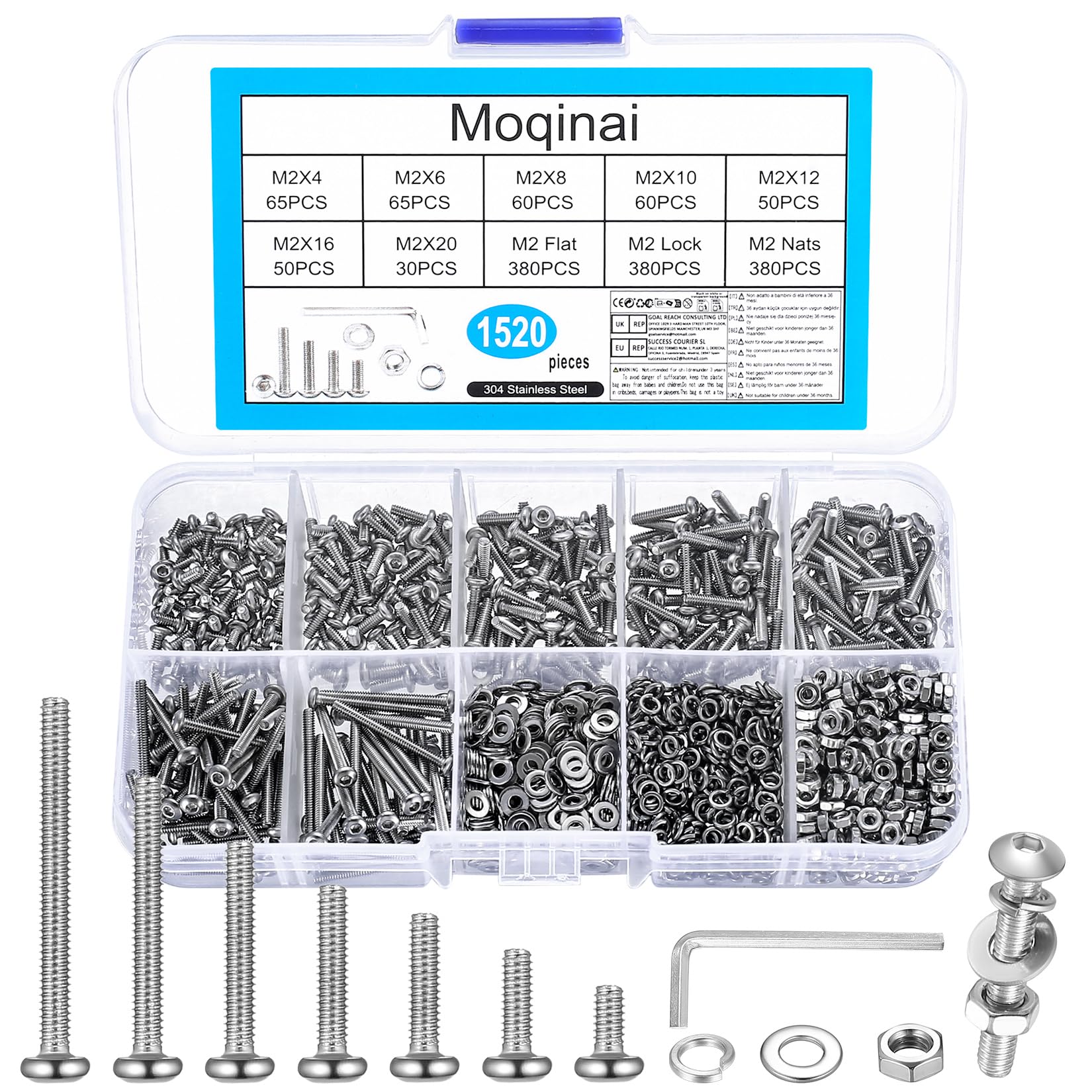 1520 PCS M2 Screw Set Stainless Steel A2, Button Head Hex Socket Screws Nuts Set, Machine Screws and Nuts Kit, Small Metric Thread Screws Set, Round Head Screws with Washers Kit