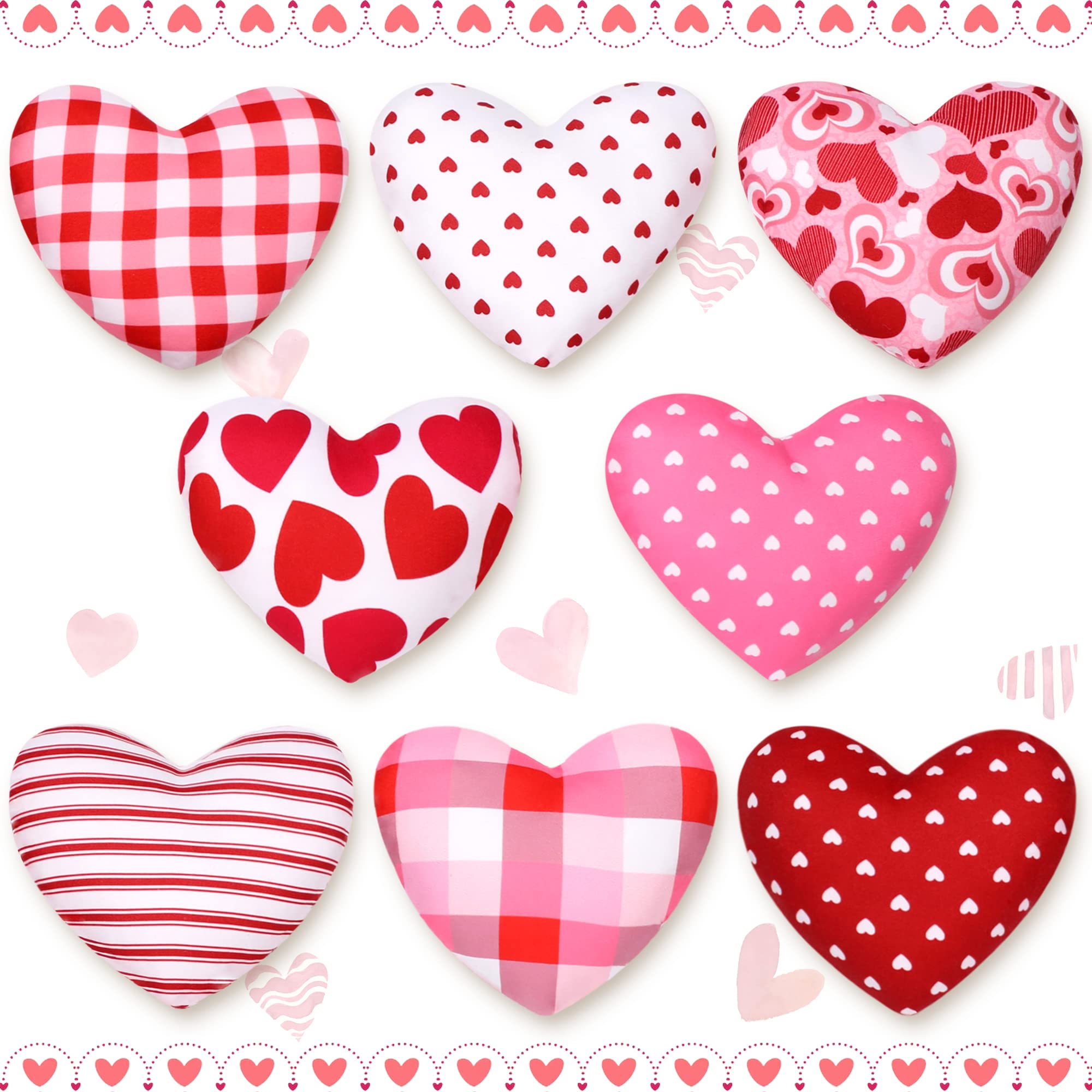 Valentines Ornaments Fabric Hearts,8PCS Heart Shape Ornaments for Tree,Buffalo Check Heart Wedding Decorations Party DIY Crafts 4.7inch