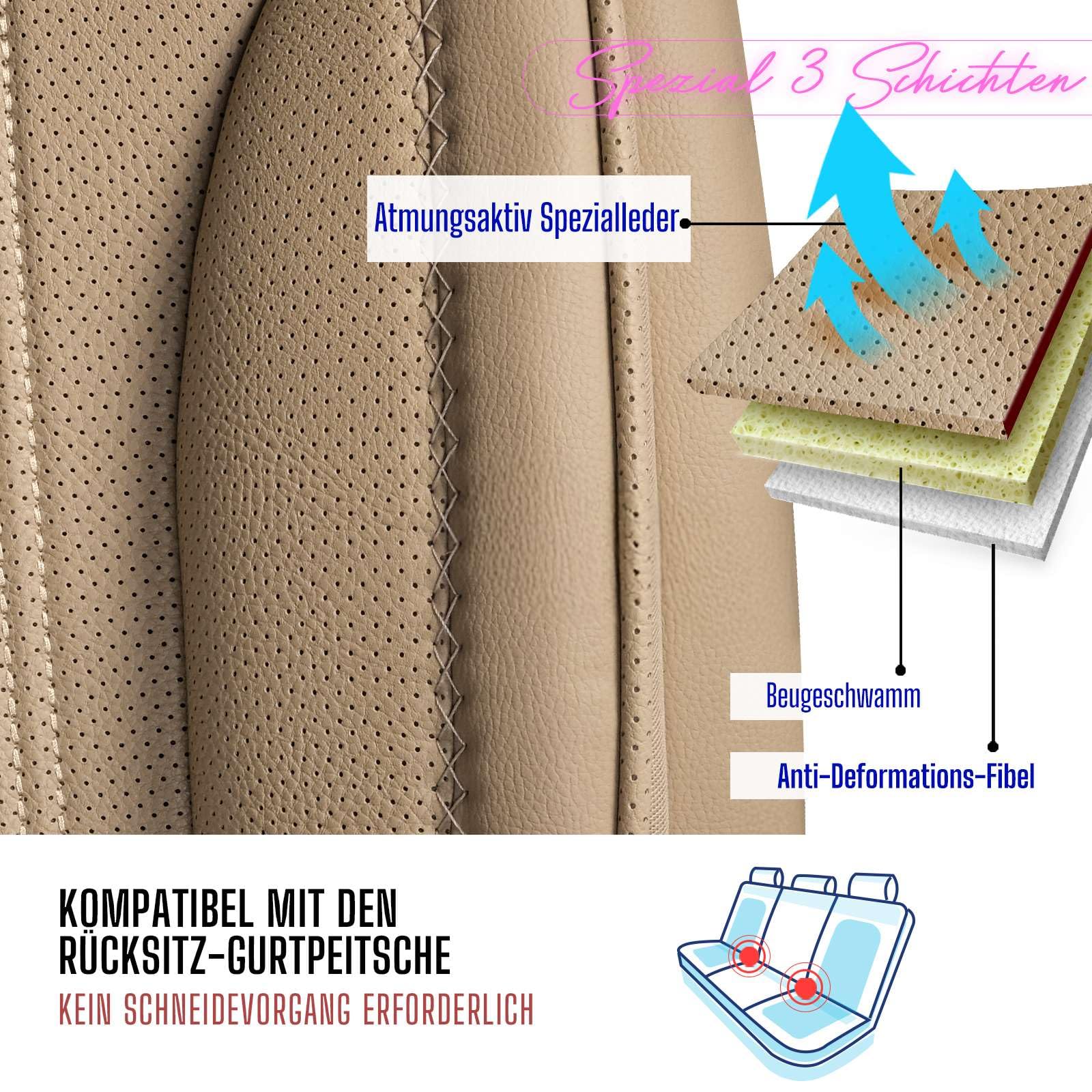Coprisedili universali per auto e SUV – Premium coprisedili anteriori in pelle, Beige, supporto airbag, protezione per auto, set completo incluso kit di montaggio